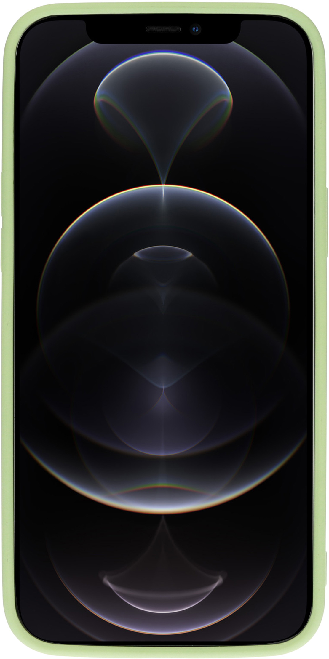 iPhone in green case. Phone is on. Display shows a black background with a light effect.