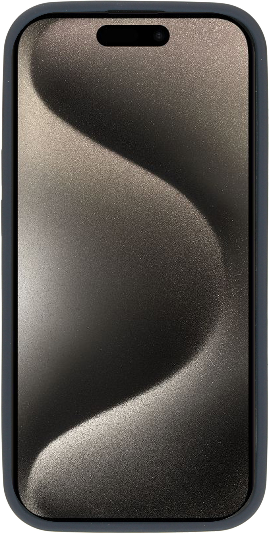 Telefoon in een donkergrijze hoes met een golvend, licht scherm. Camera bovenaan.