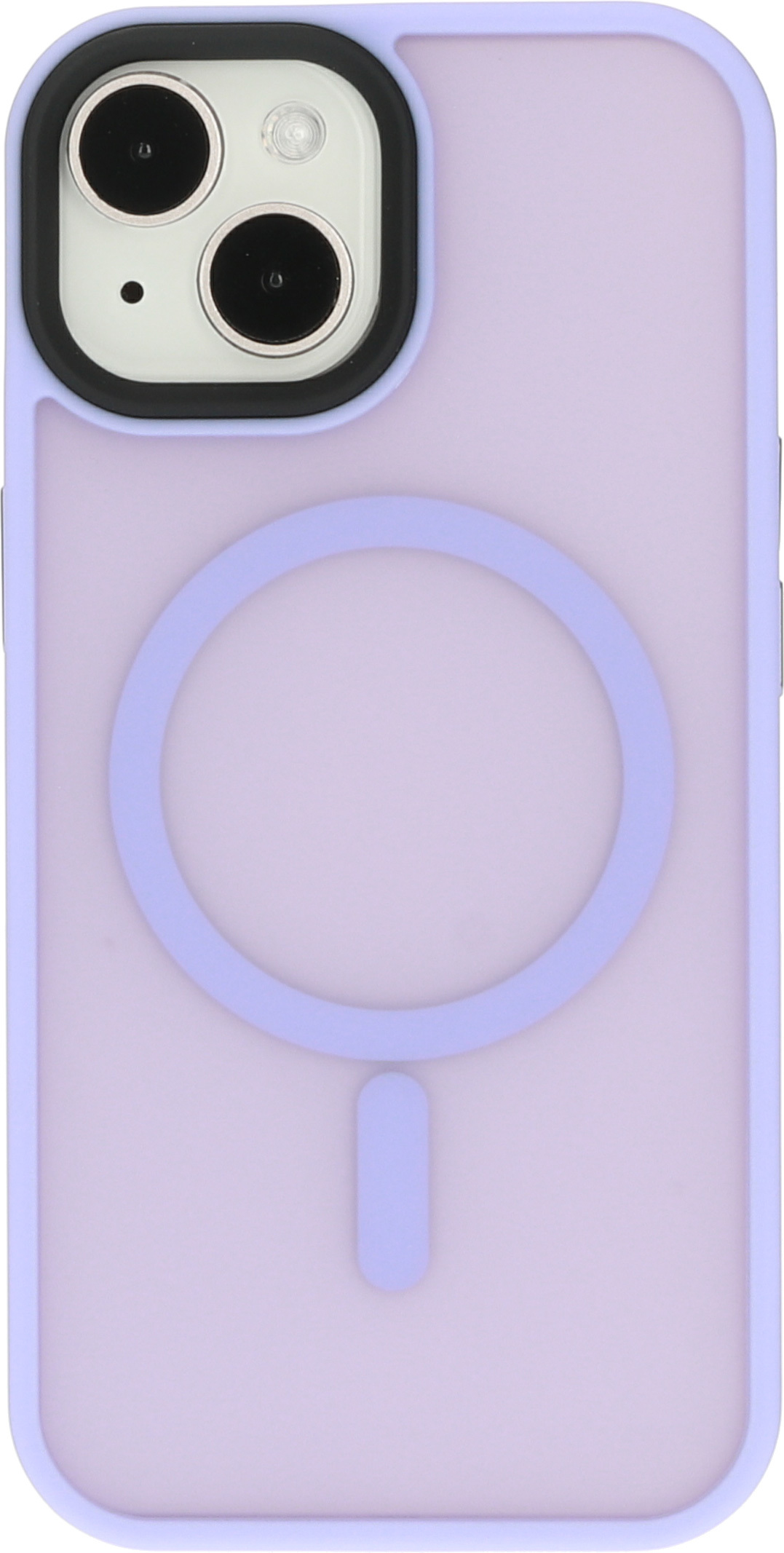 Lila telefoonhoesje. Achterkant van de telefoon getoond. Cirkel- en streepontwerp.
