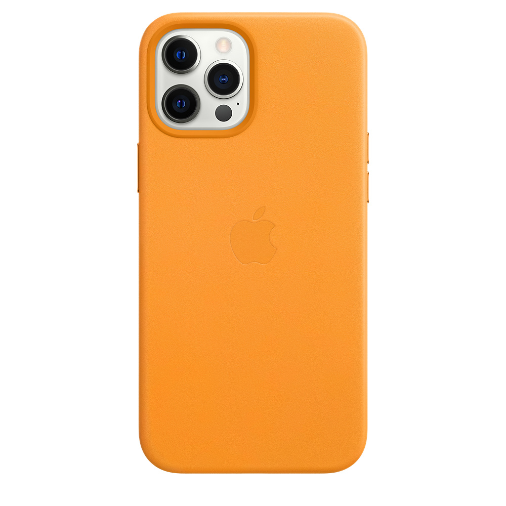 Orange iPhone case with Apple logo. Triple camera and flash visible. White background.