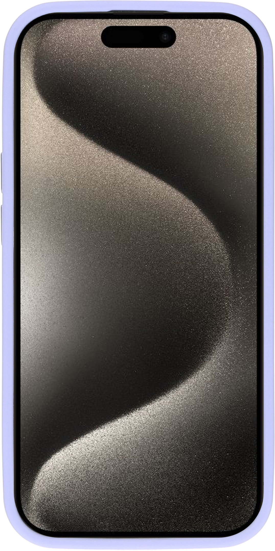 Telefoon met lavendelkleurige hoes en donker, getextureerd scherm op witte achtergrond.