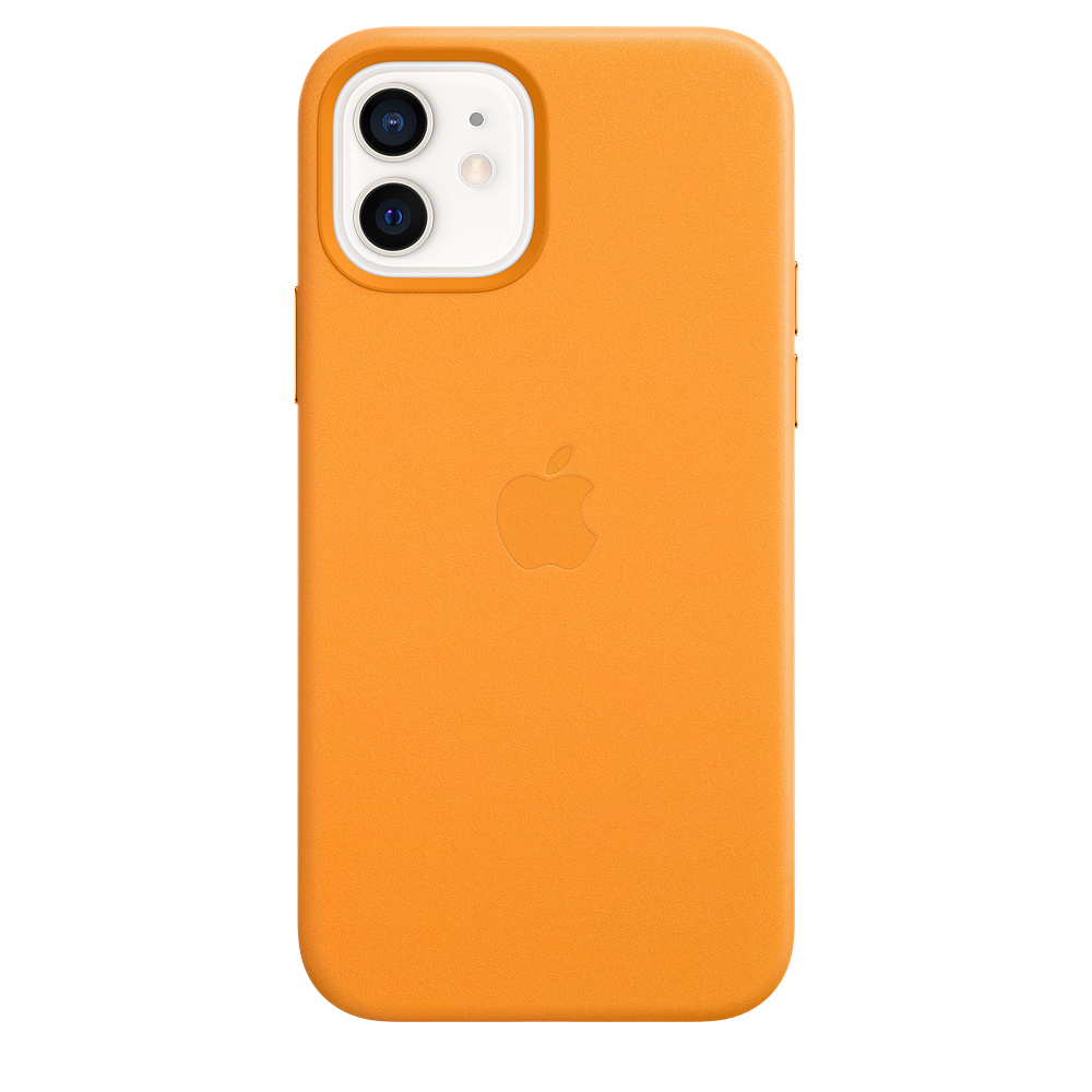 Orange iPhone case with two cameras and a flash, with the Apple logo, on a white background.