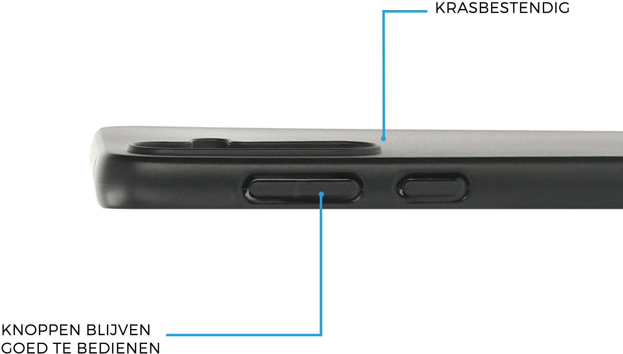 Zijaanzicht van telefoonhoes, gelabeld, met tekst en pijlen.