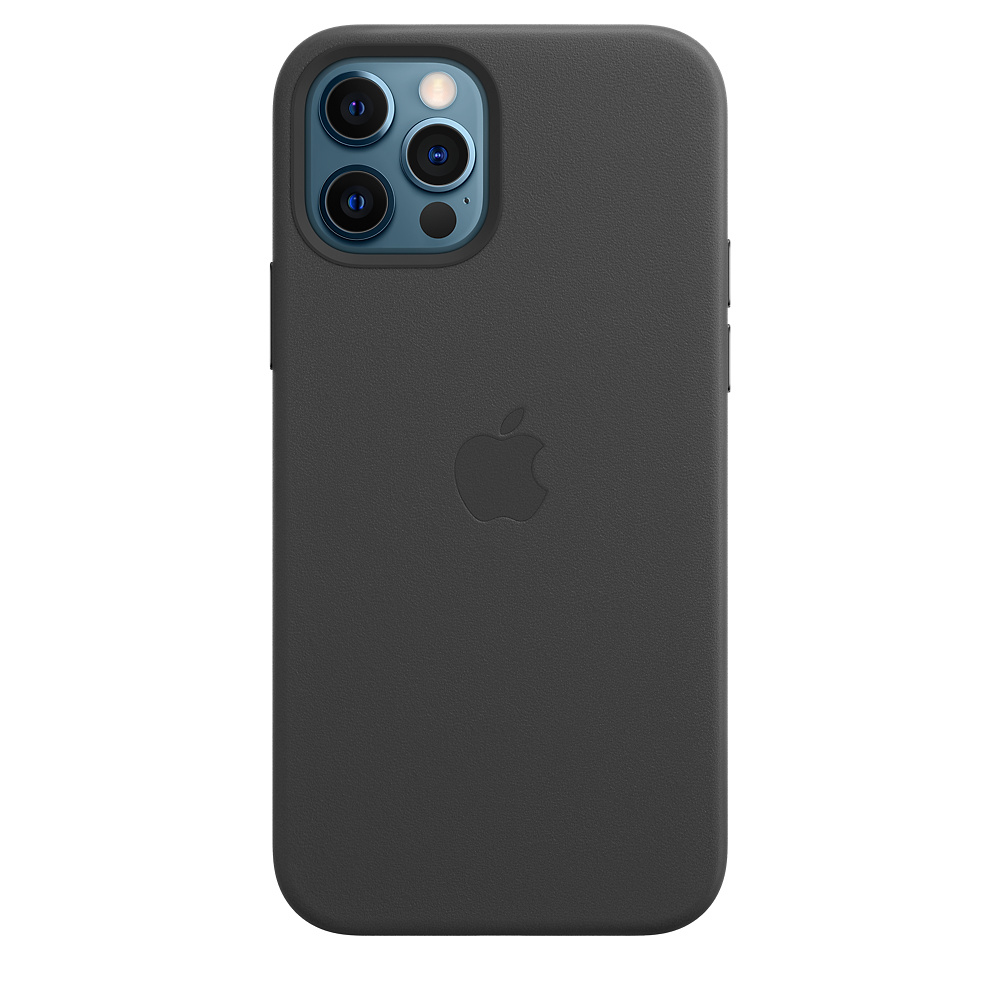 Black iPhone with a black leather case. Camera lenses and the Apple logo are visible.