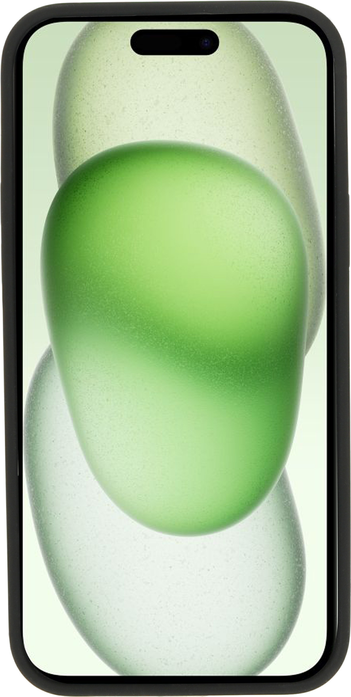 Telefoonscherm met groene en witte abstracte vormen, in een zwarte hoes.