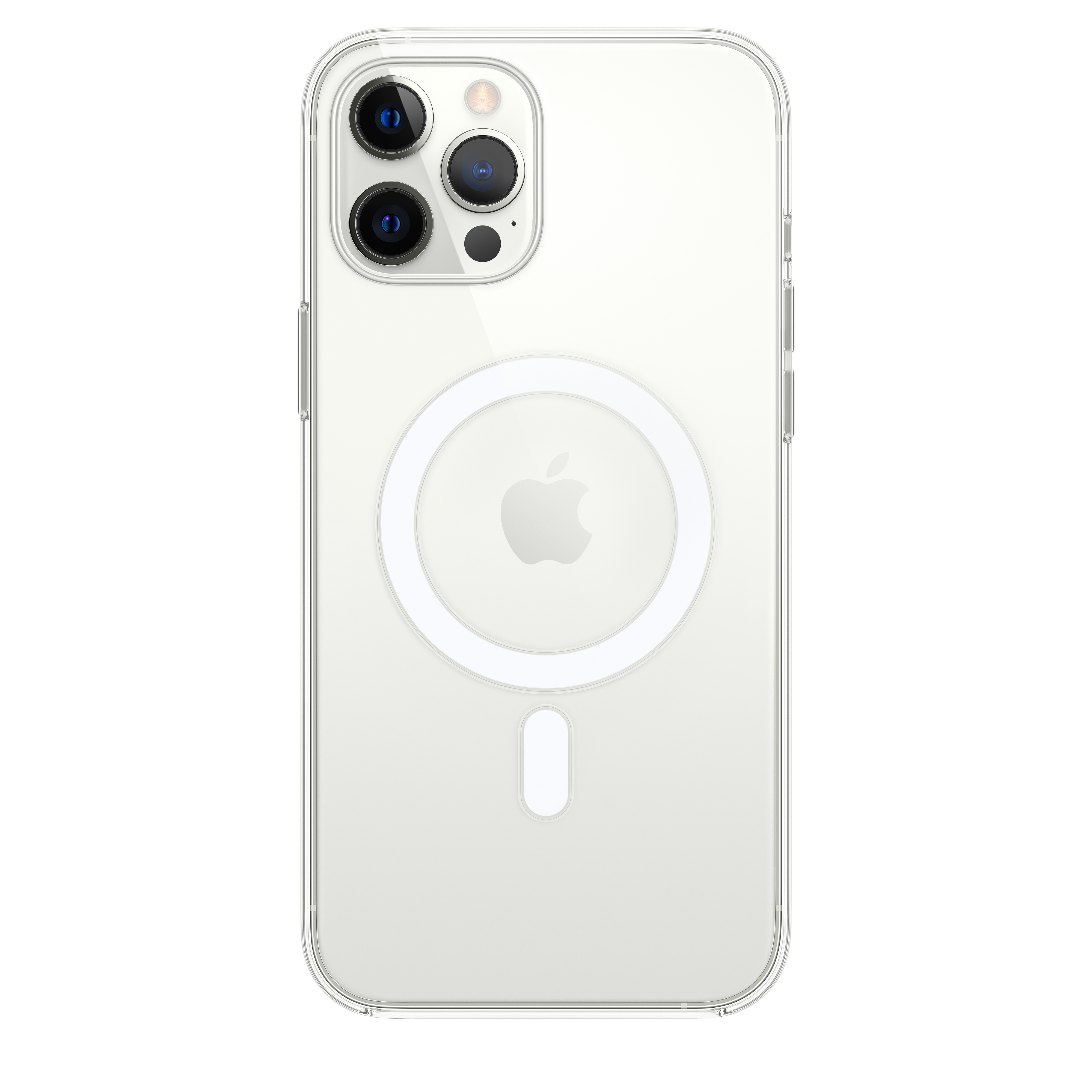 Clear iPhone case with MagSafe. Apple logo visible. Camera lenses at top left. White background.