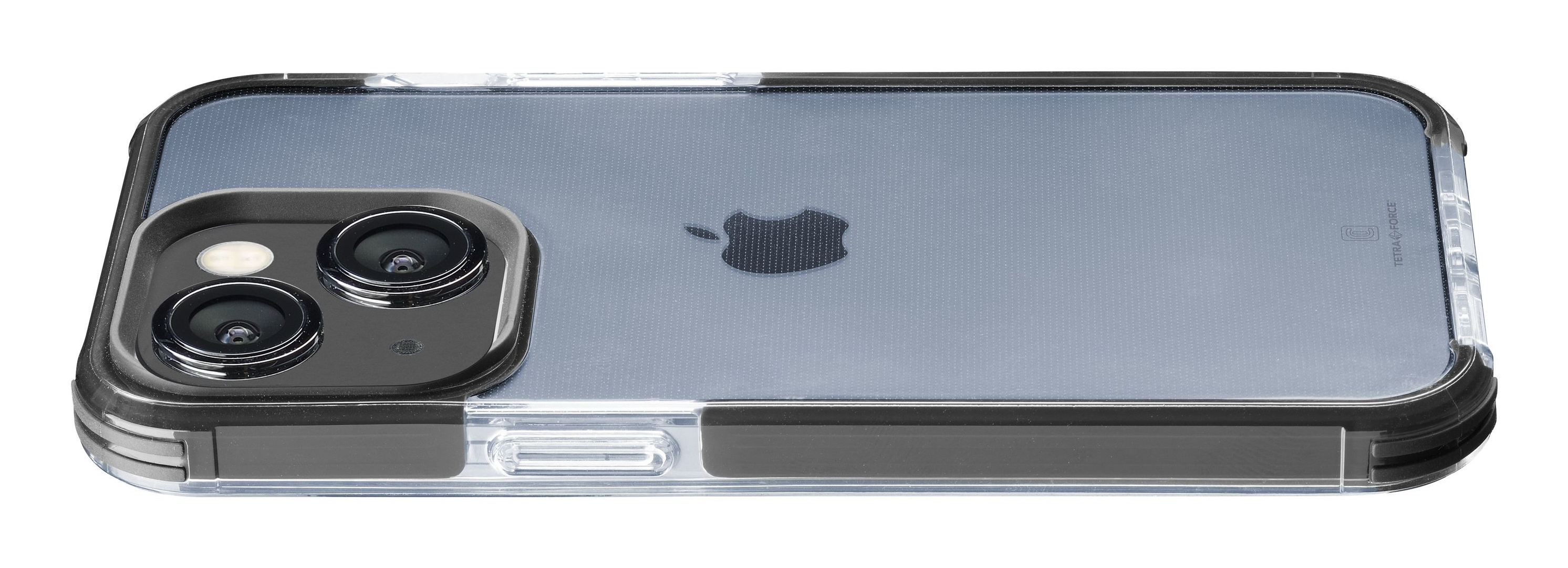 Custodia trasparente su superficie bianca, mostra fotocamera e logo Apple.