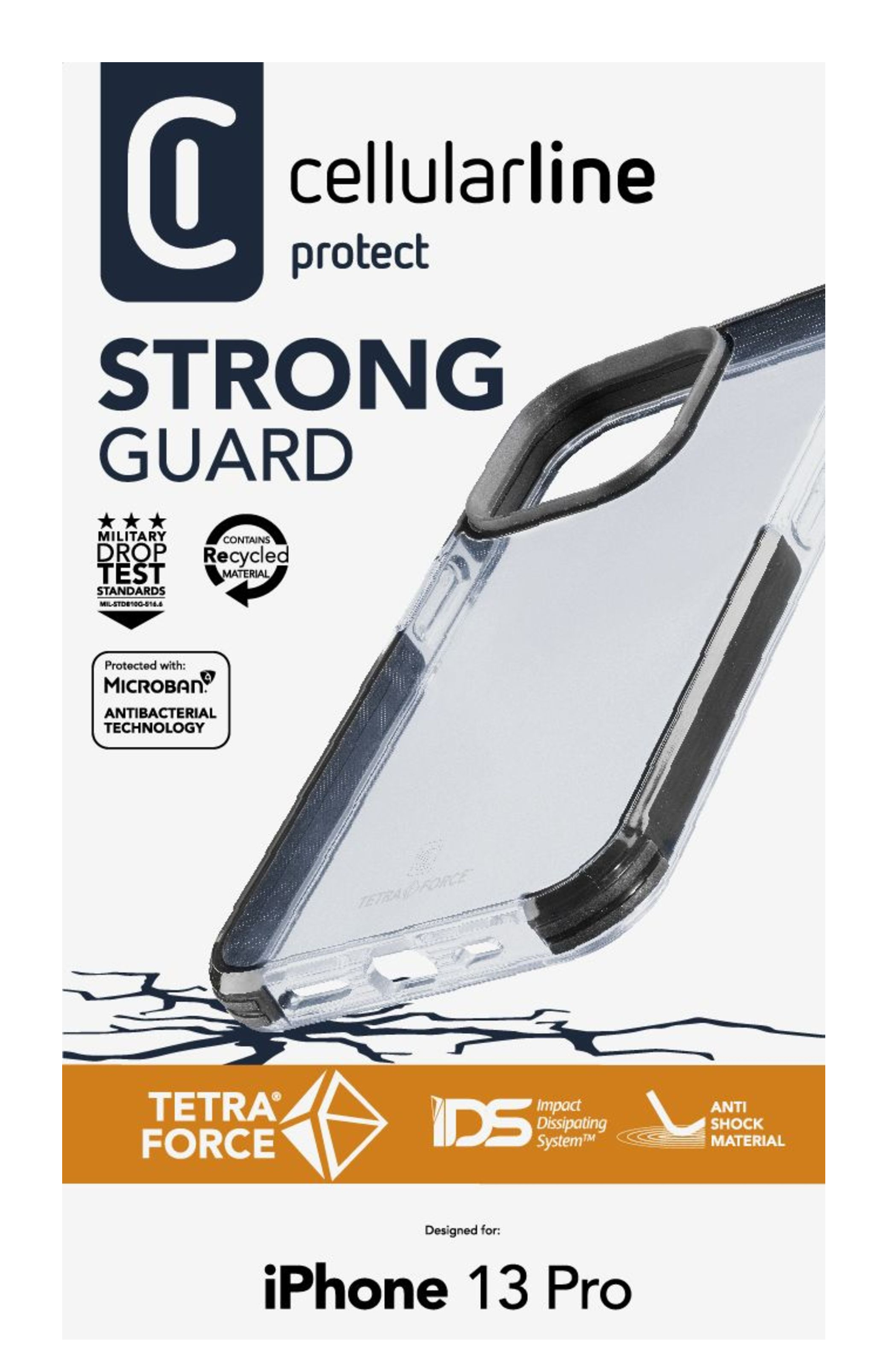 Custodia trasparente con cornice nera. Dice: Strong Guard, iPhone 13 Pro.