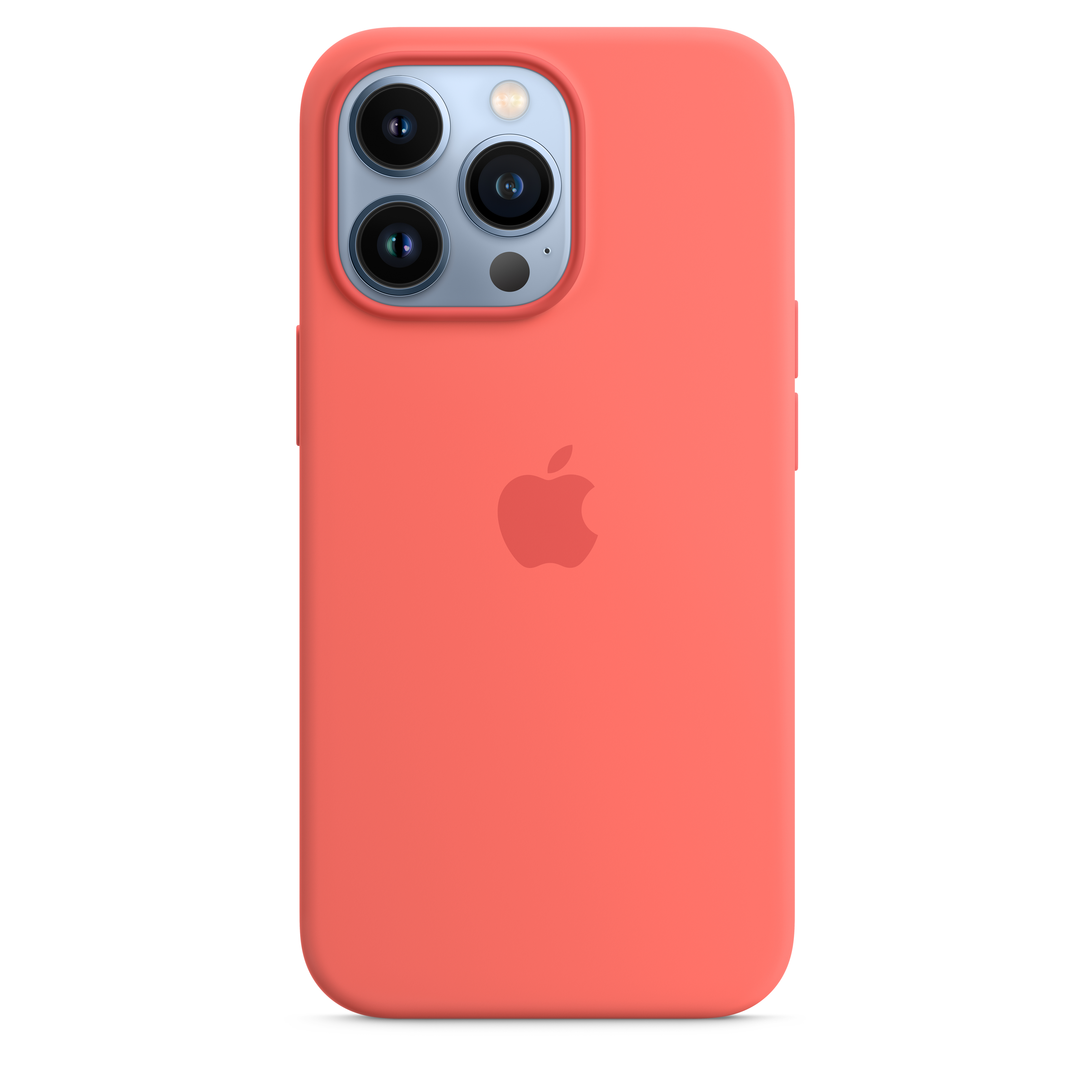 Koralowe etui na telefonie. Posiada 3 aparaty i logo Apple. Etui ma zaokrąglone krawędzie.