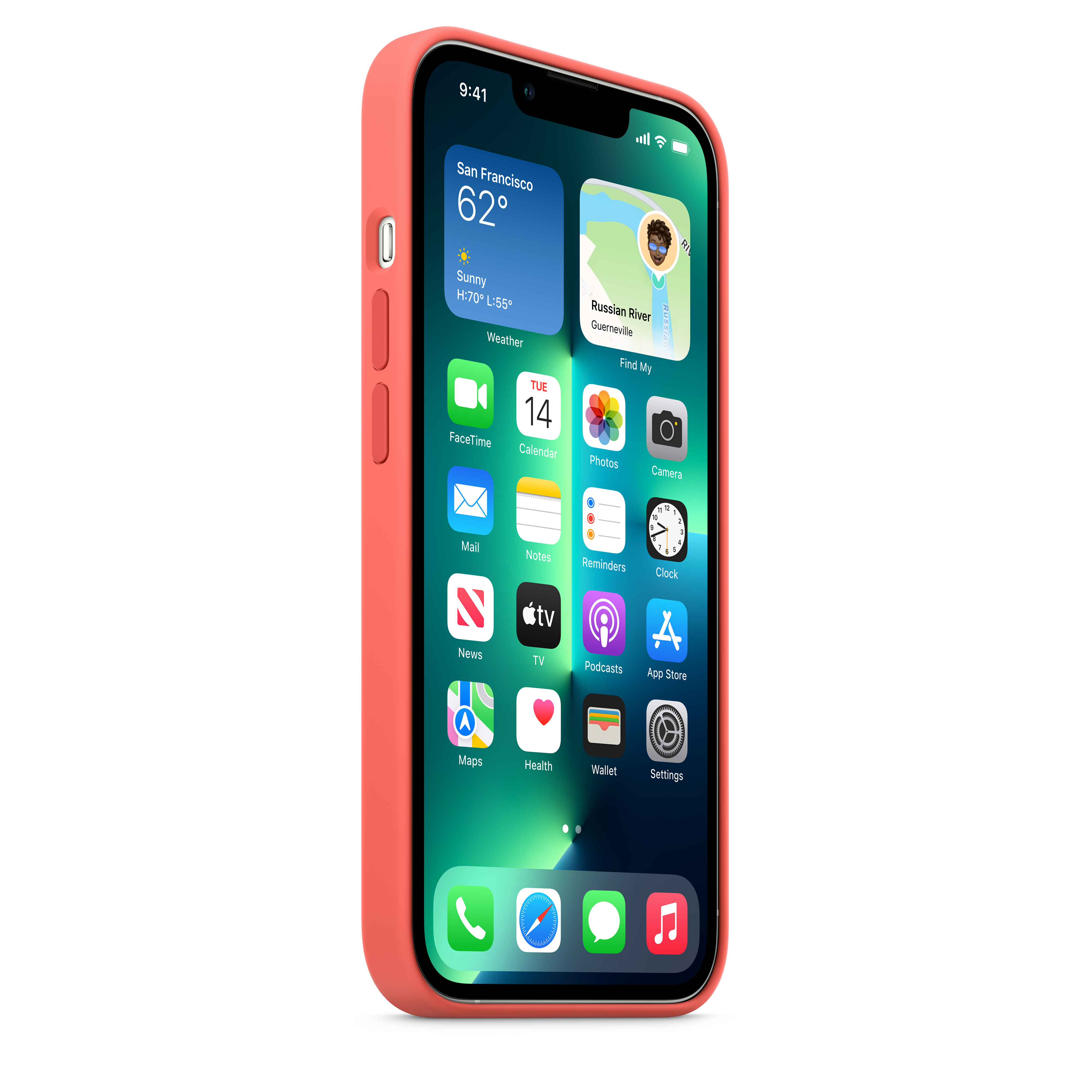 Koralowy iPhone na białej powierzchni z kolorowym ekranem głównym iOS.