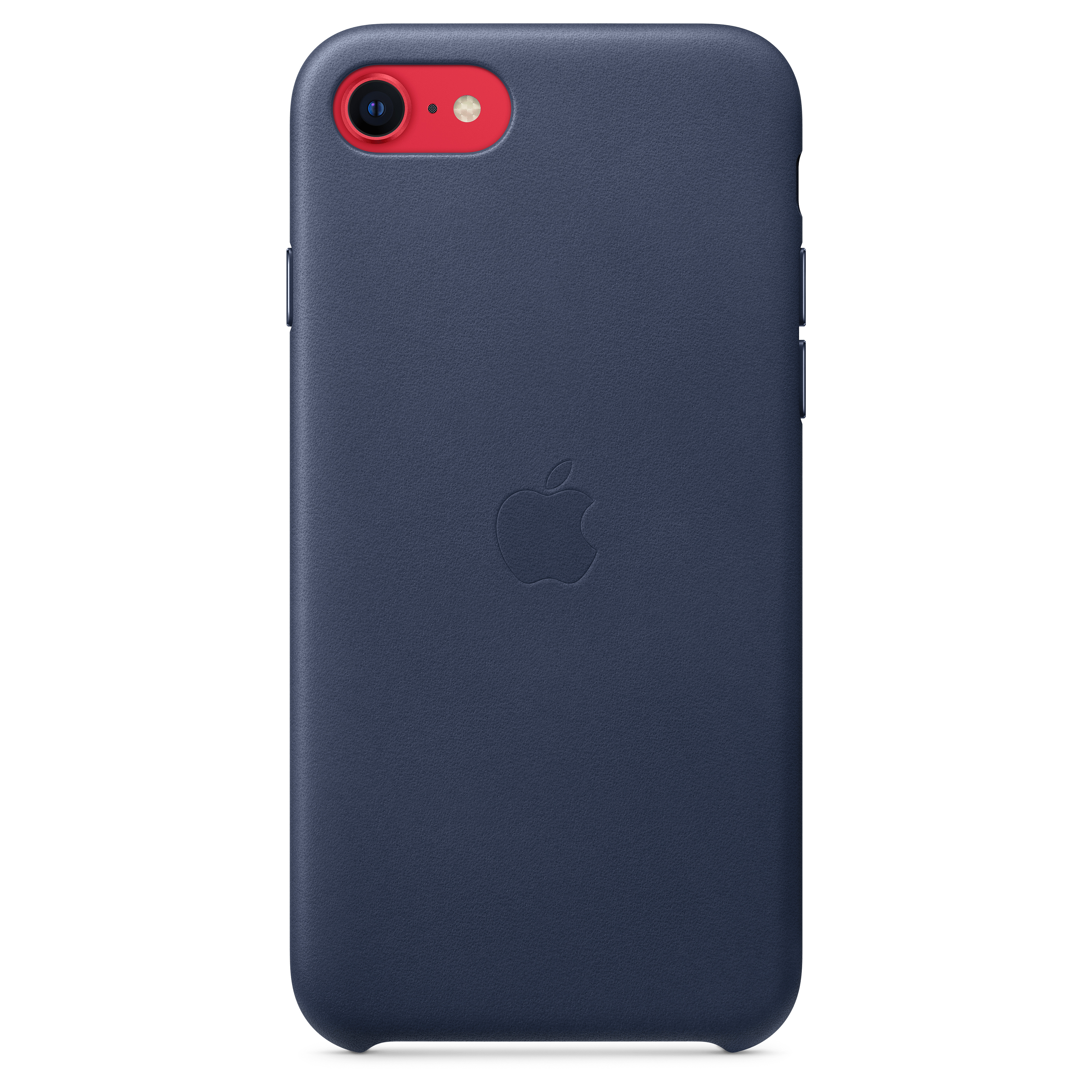 Blue iPhone with a dark blue case and red camera ring. Apple logo visible on the back.