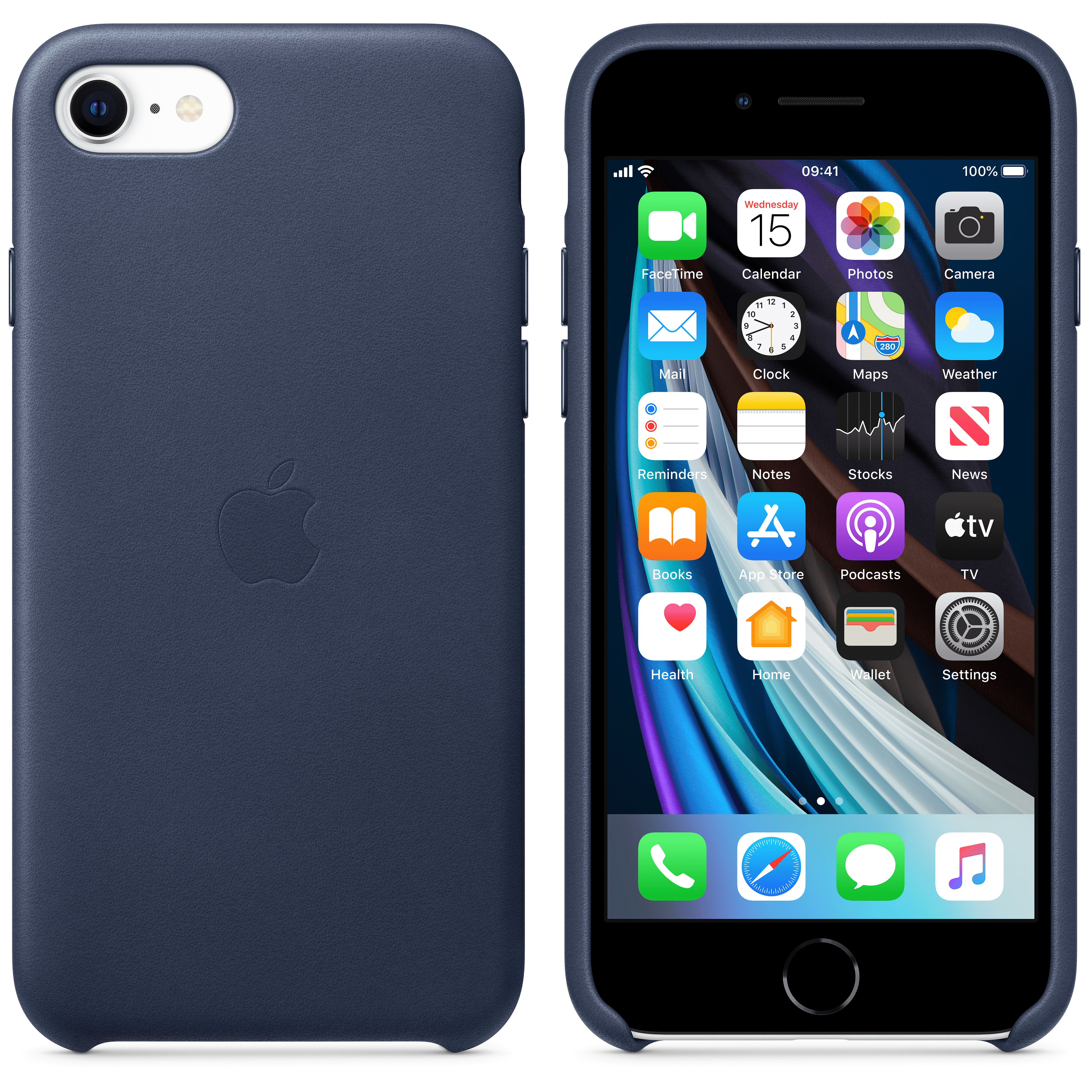 Blue leather phone case with an iPhone and its home screen displayed.