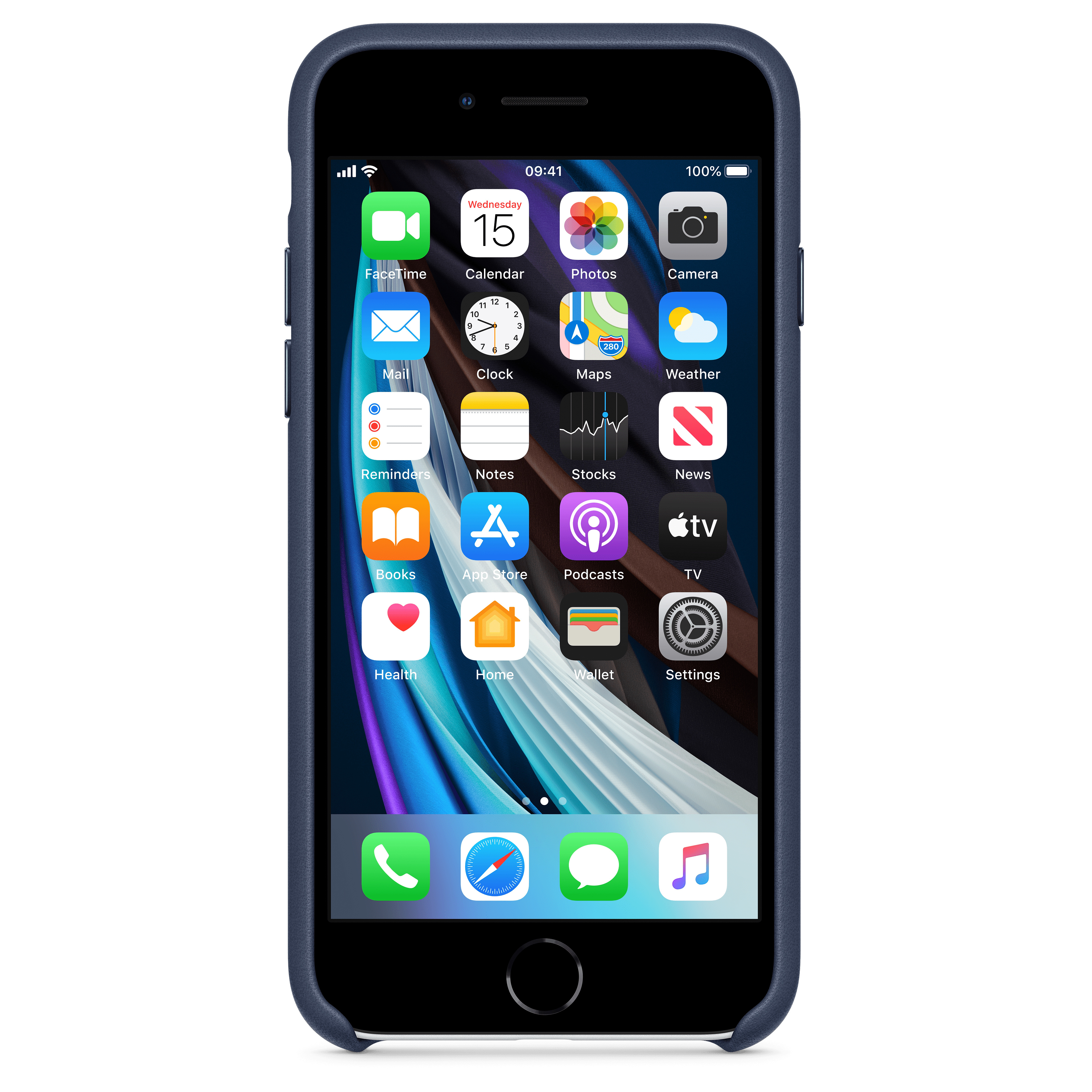 iPhone on a white surface, with a blue case and phone apps visible.