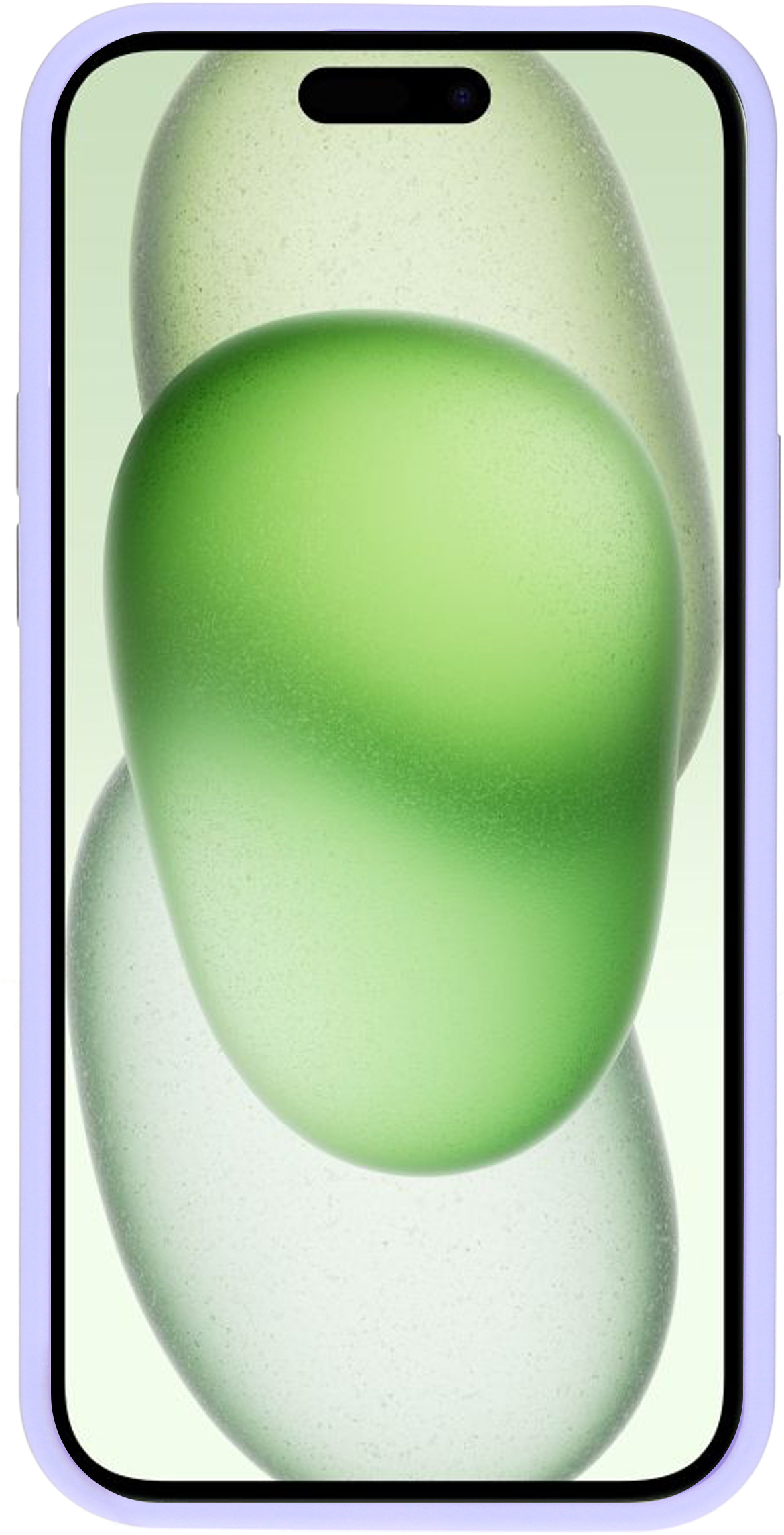 Een telefoon in een paarse hoes, met een groene en witte abstracte achtergrond.