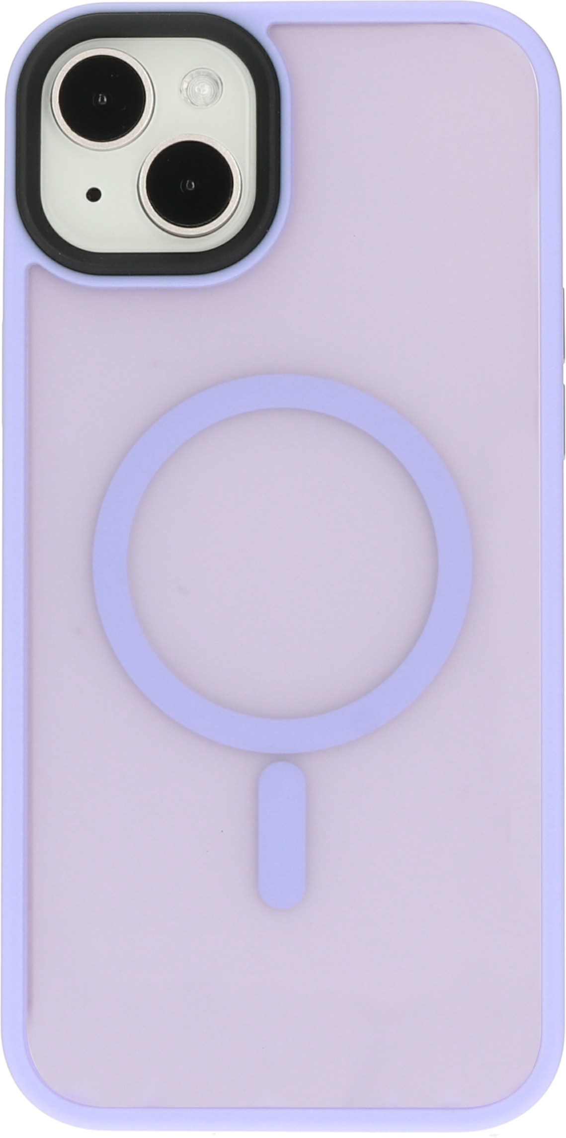Lila telefoonhoesje met een paarse ring en rechthoek aan de achterkant en zwart camera gebied.