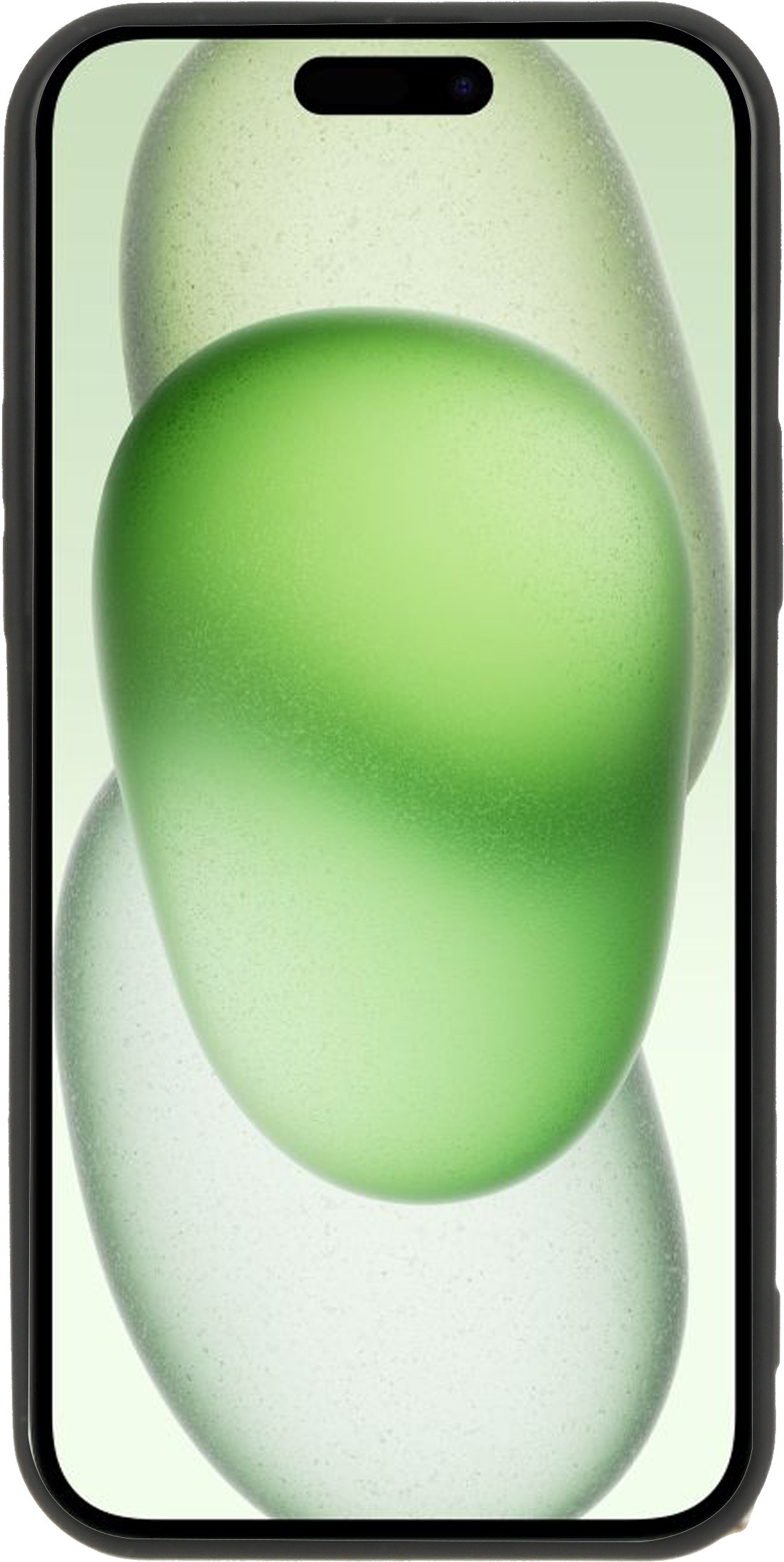 Telefoon in een zwarte case, met een vage groene en witte achtergrond met een groene vlek.