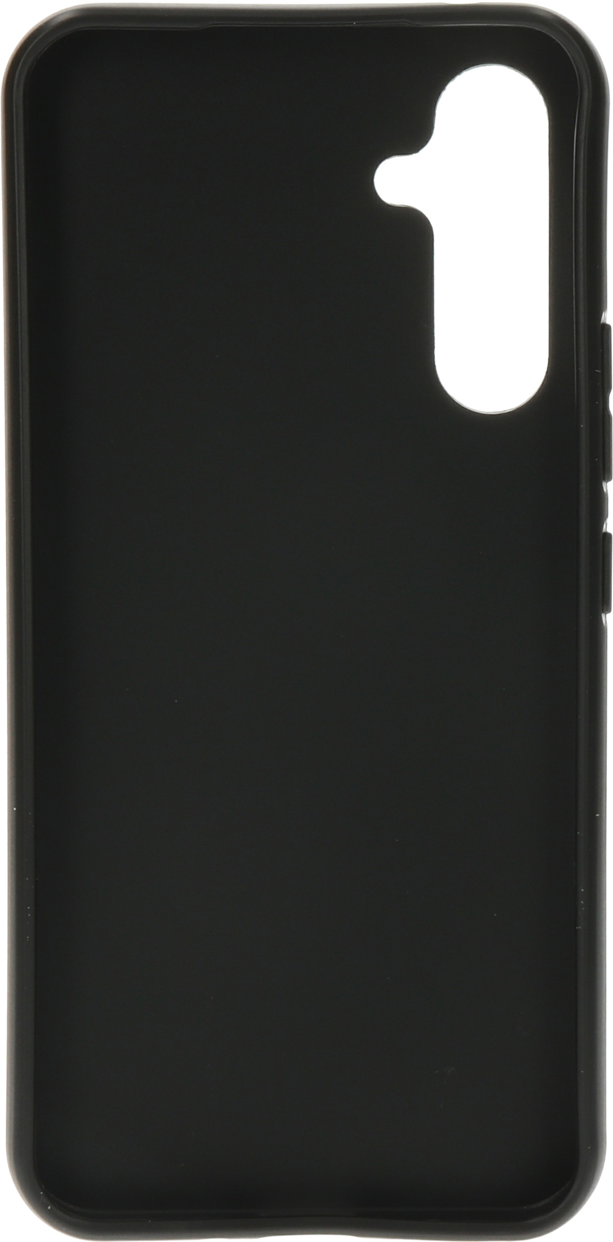 Zwarte telefoonhoes met camera-uitsparing op witte achtergrond.