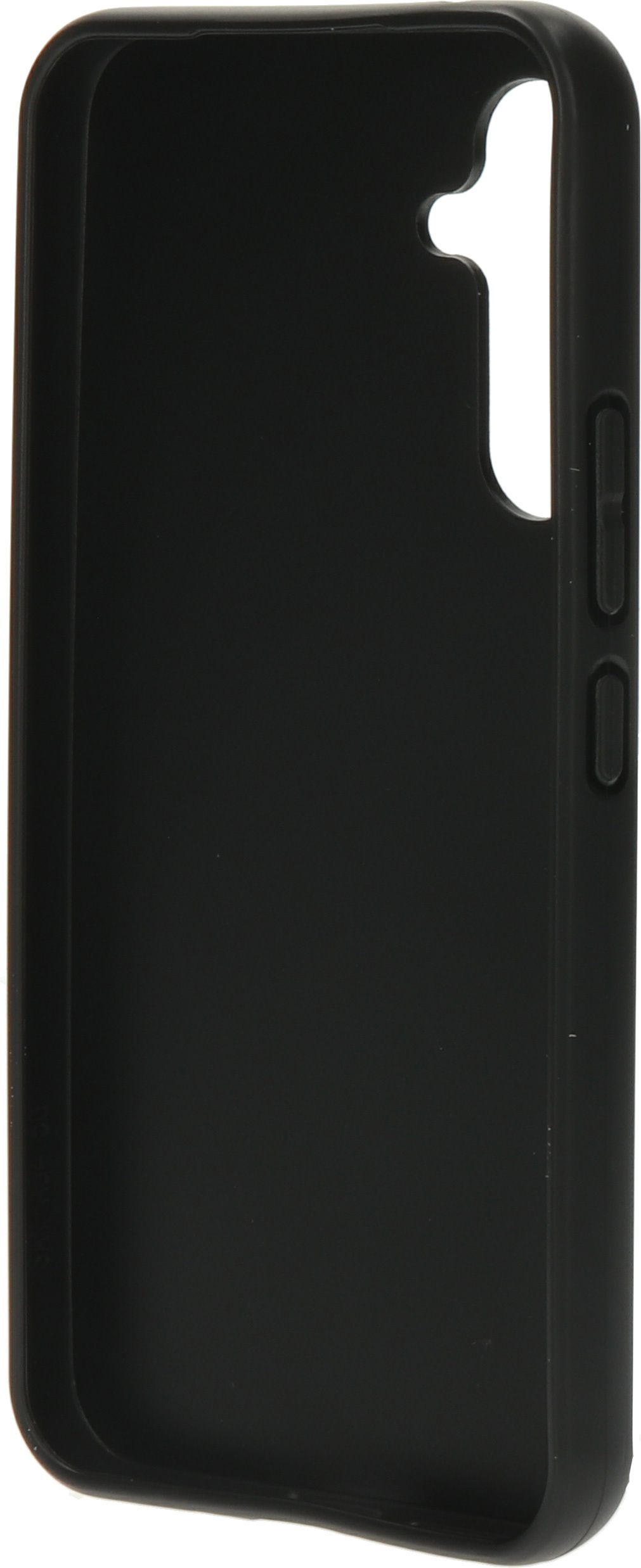 Zwarte telefoonhoes met camera-uitsparing. Effen zwart, glanzende afwerking.