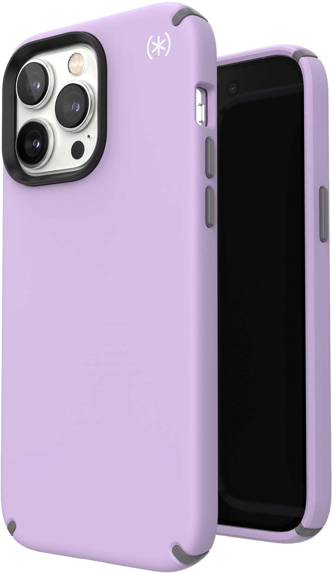 Purple phone case, angled view. Phone inside, side buttons visible, and a logo.