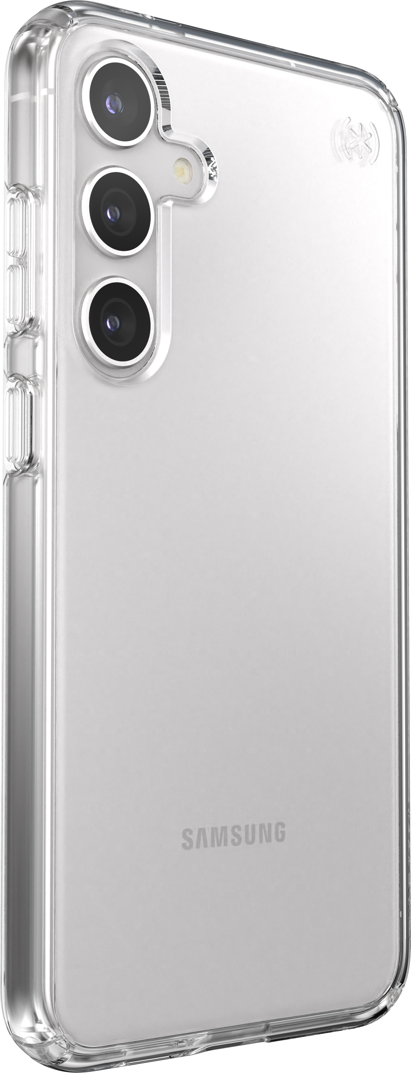 A transparent phone case with the phone's camera on the back side and the brand logo.