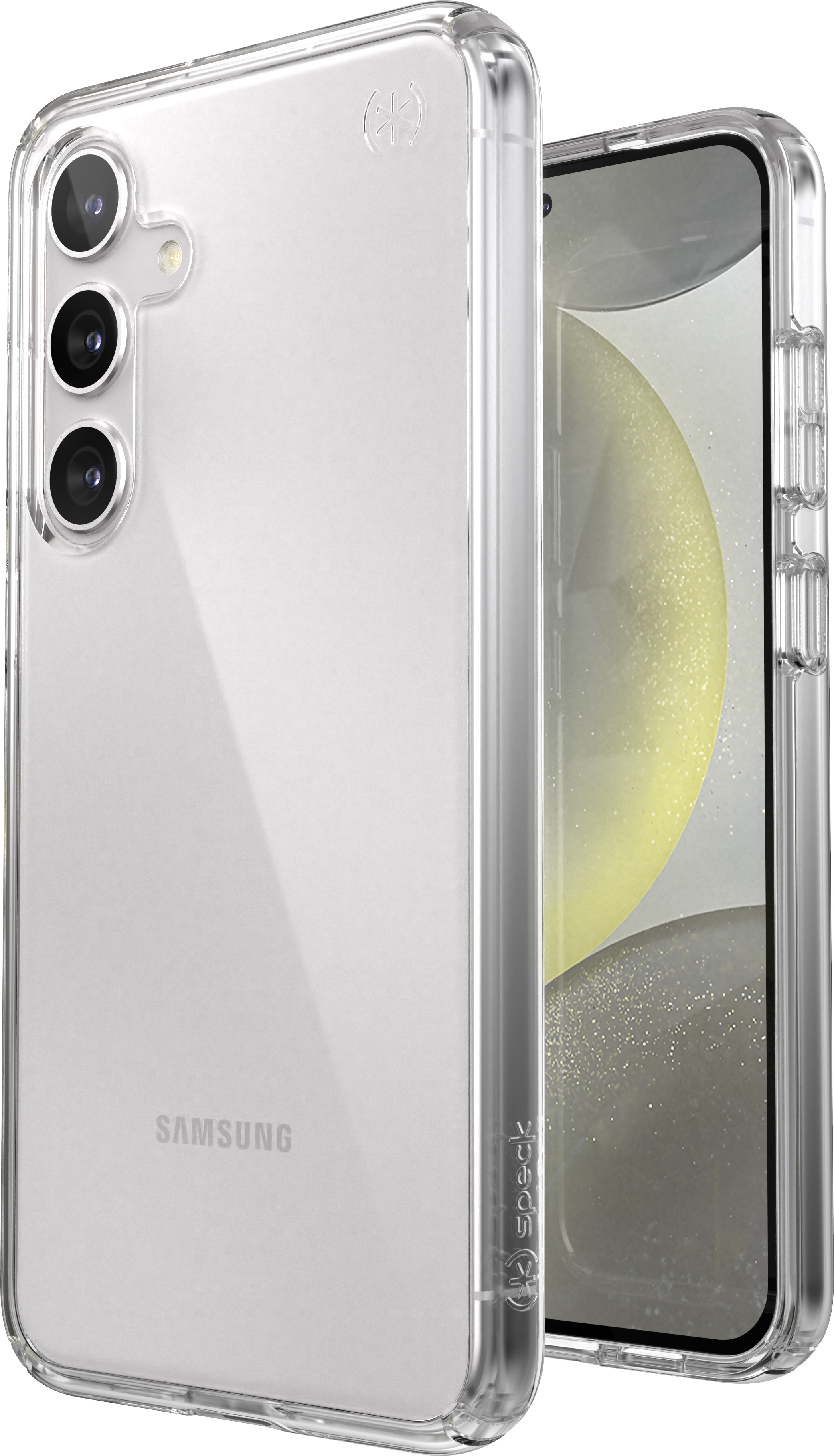 Clear phone case with a phone inside. Camera and Samsung brand are visible. The case is clear.