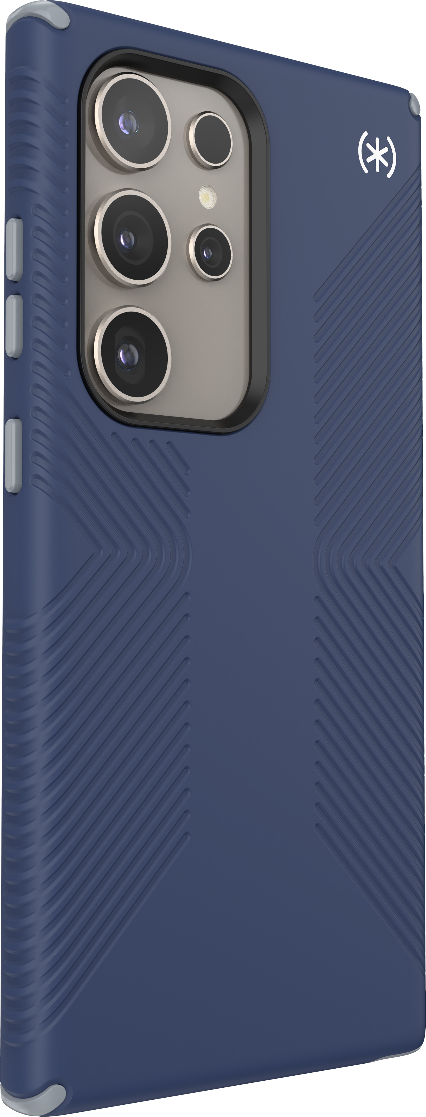 Blue phone case with a textured back, side view. Phone has multiple cameras. Speck logo on top right.