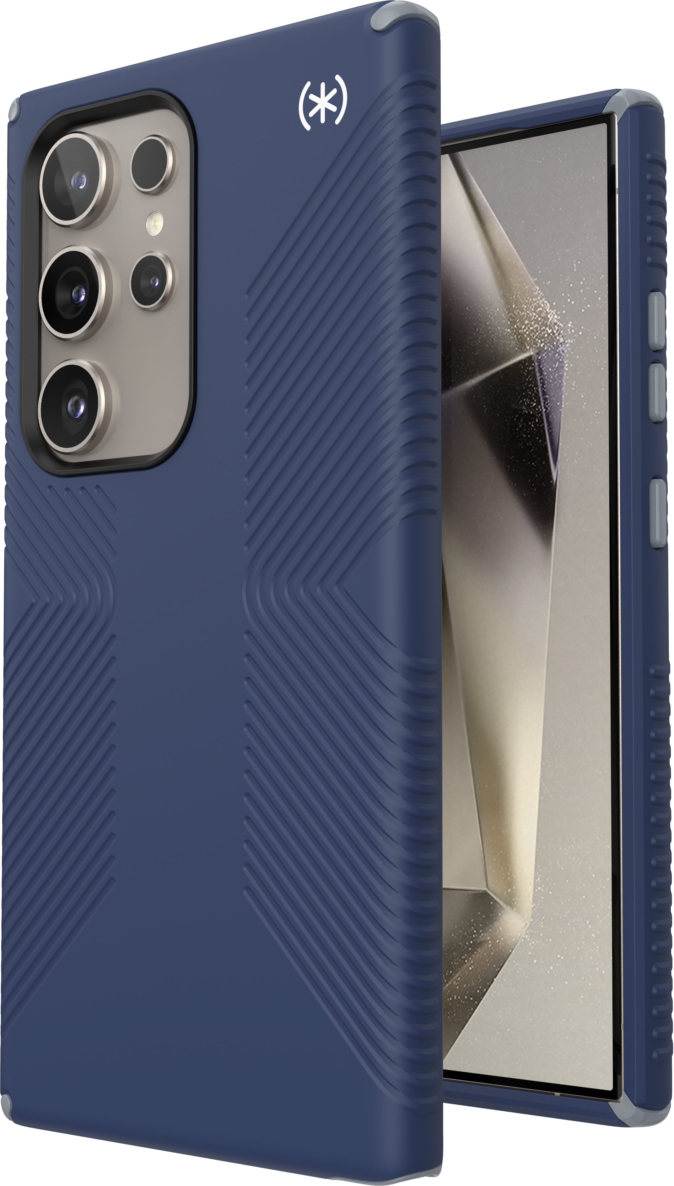 Navy blue phone case with textured design, gray accents, and a phone outline on the right side.