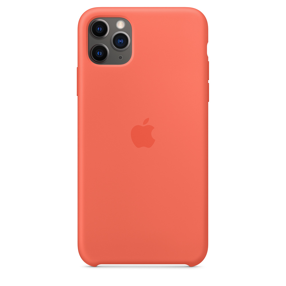Une coque d'iPhone corail avec le logo Apple au dos.