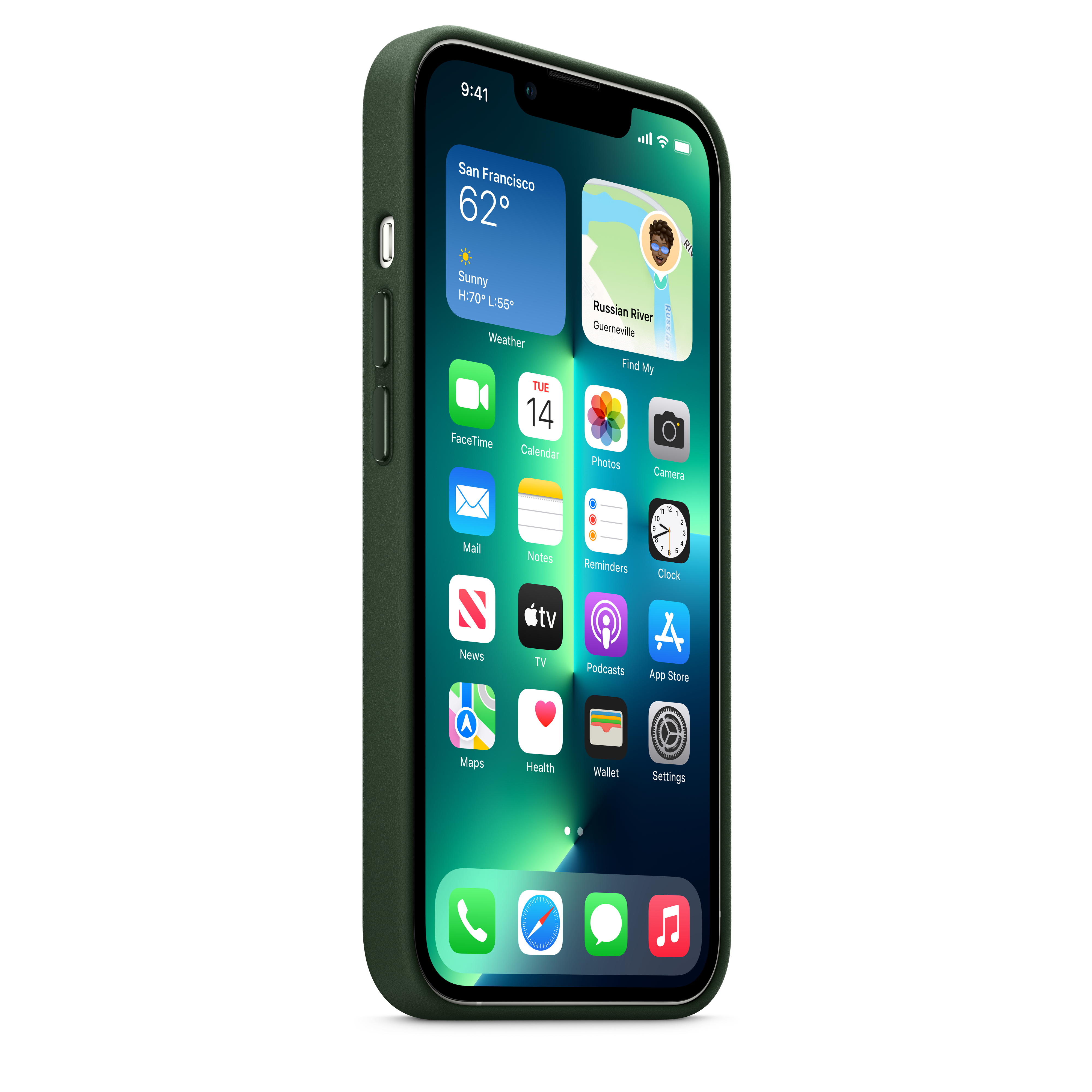 Grünes iPhone mit einem Bildschirm, der App-Symbole zeigt. Weißer Hintergrund.