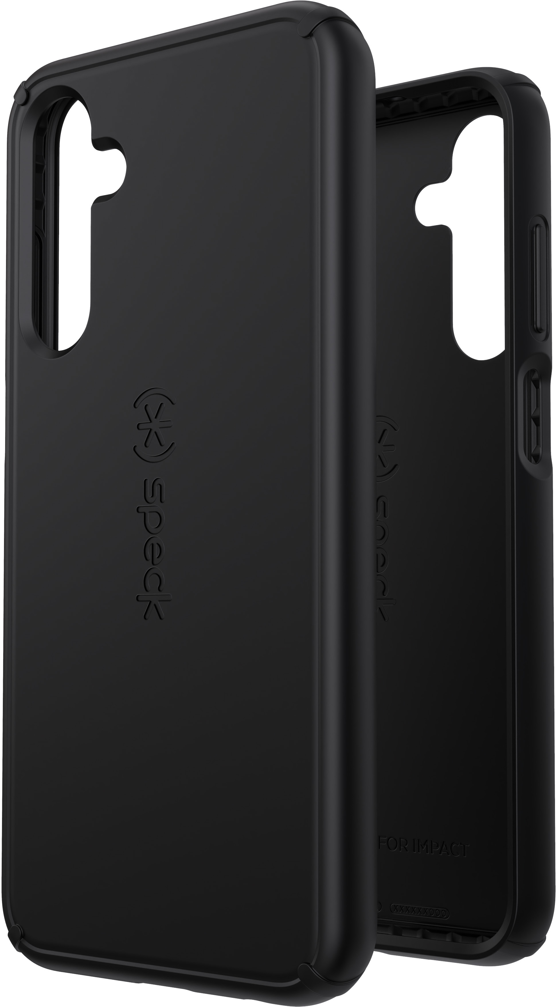 Twee zwarte telefoonhoesjes met het Speck-logo. Eén is open.