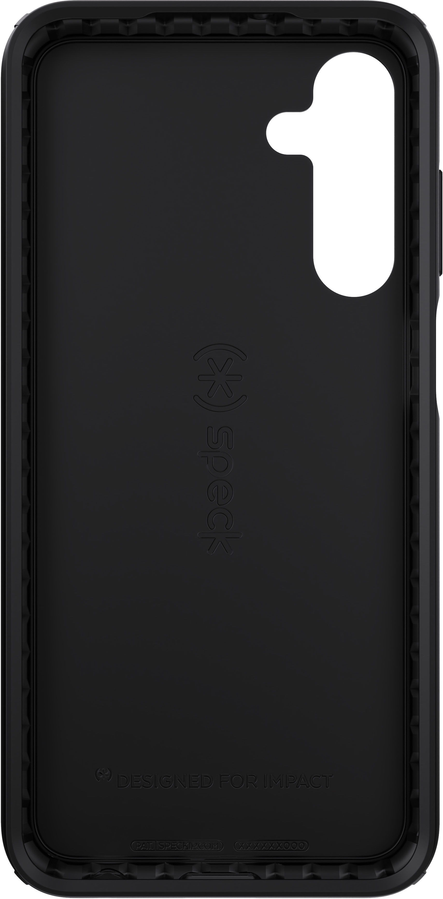Zwart telefoonhoesje met een grote opening voor camera's en het Speck-logo. Ontworpen voor impact.