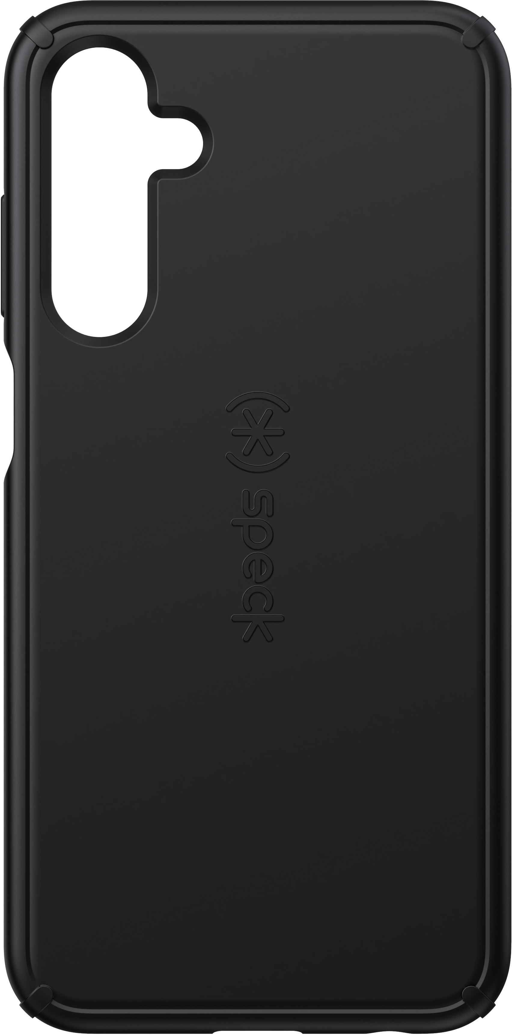 Zwart telefoonhoes binnen, met het Speck logo. De opening voor de camera is zichtbaar.