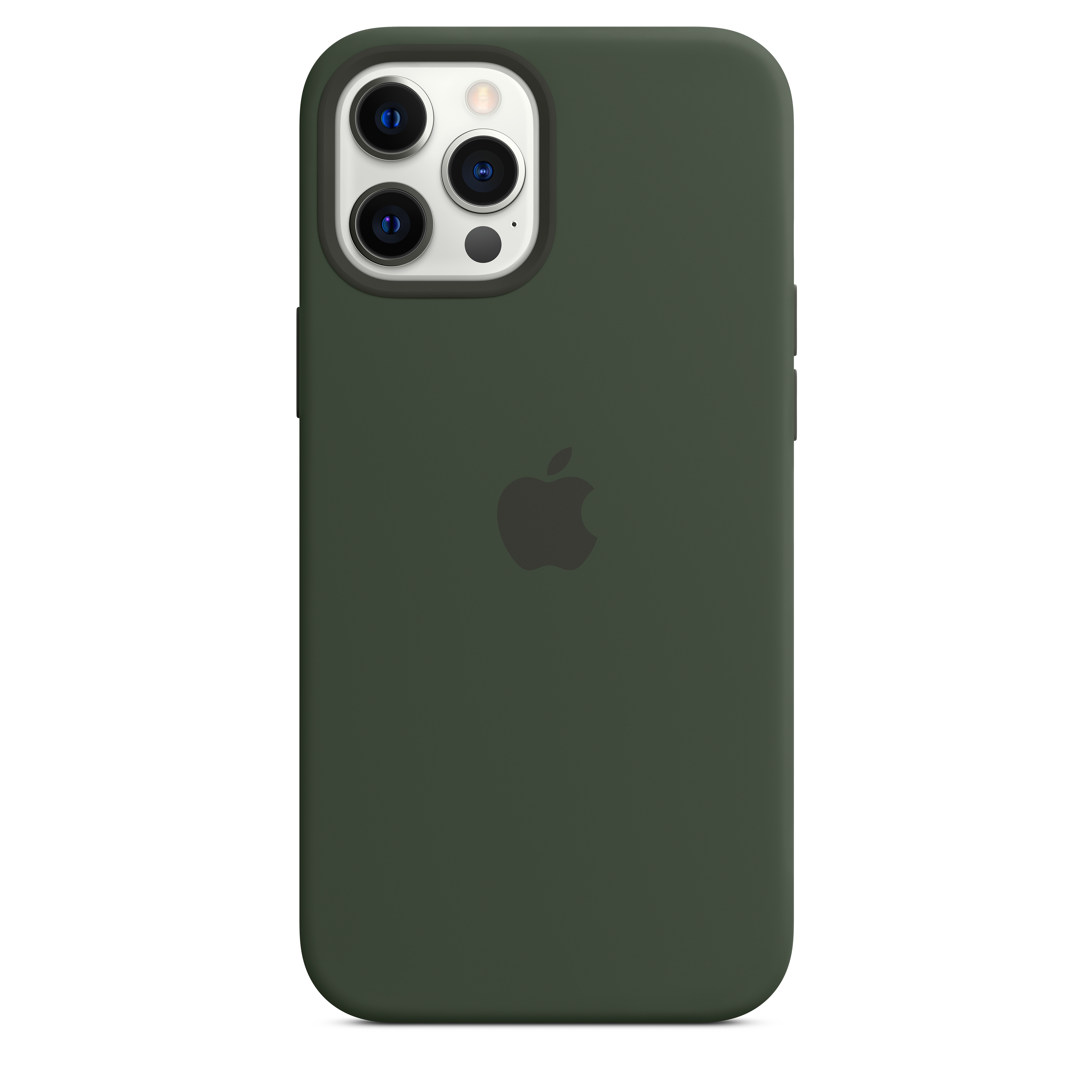 Een donkergroene telefoonhoes op een telefoon met het Apple-logo. De hoes is effen van kleur.