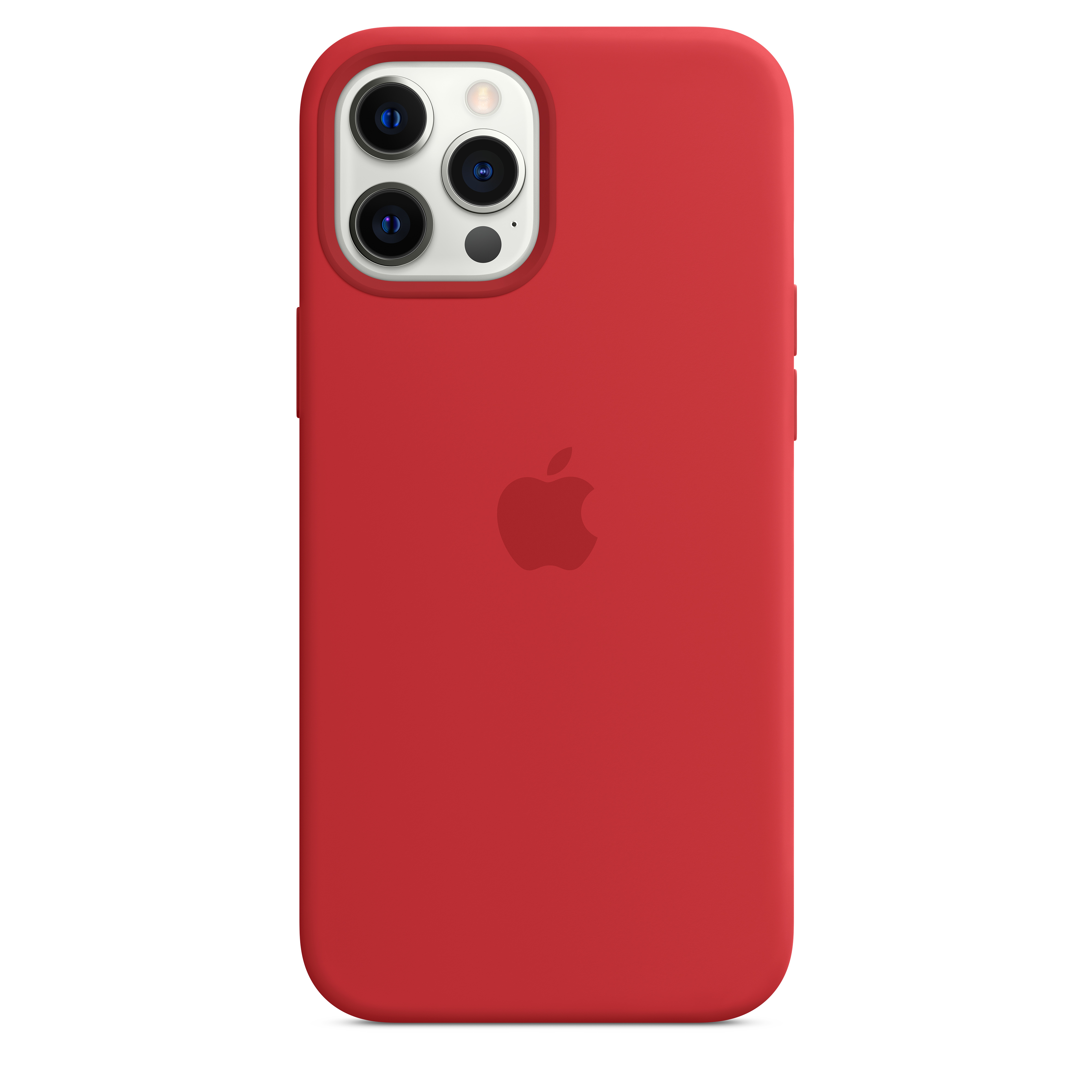 Rode iPhone-hoes met Apple-logo. De camera heeft drie lenzen.
