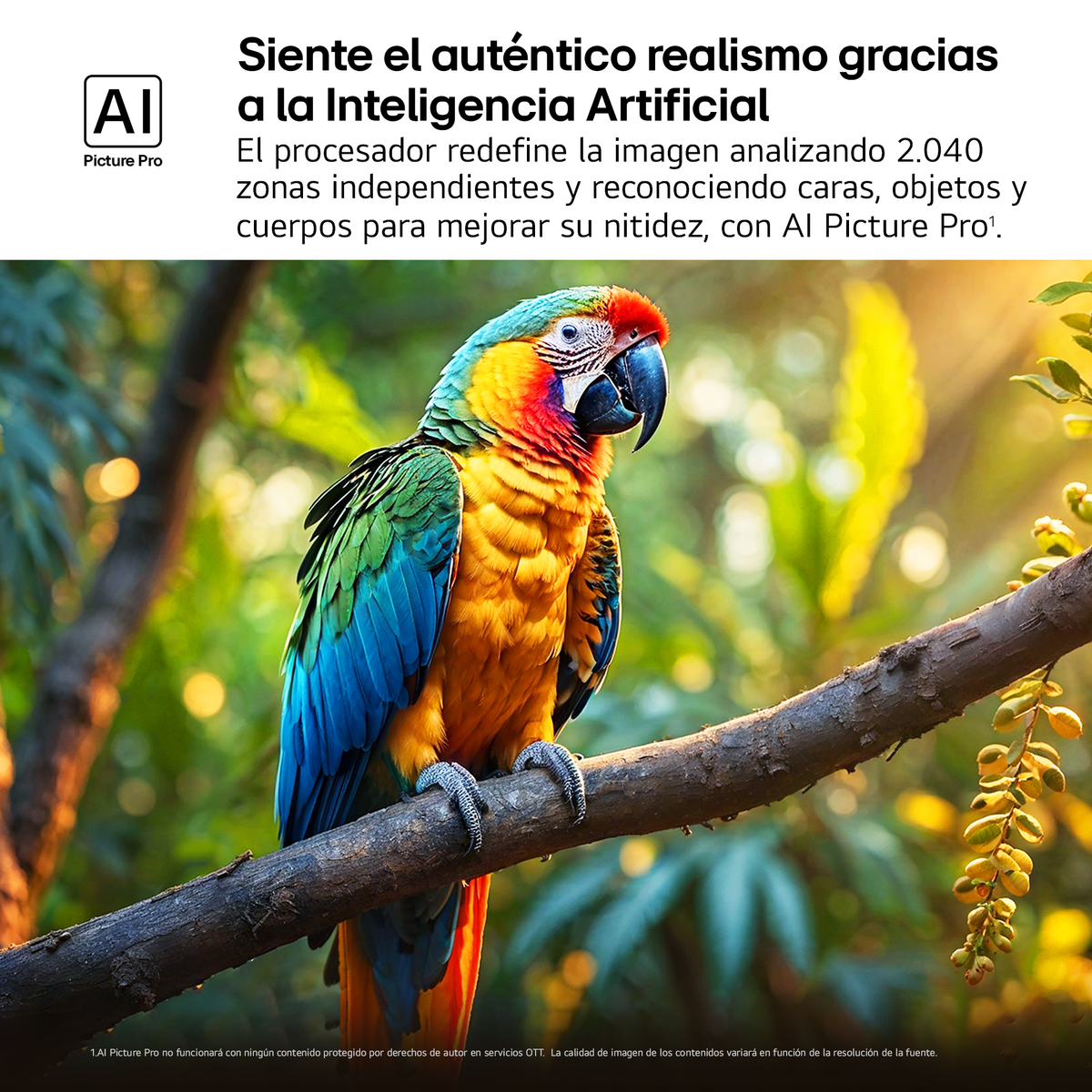 Kolorowa papuga na gałęzi z zielonymi liśćmi i tekstem o ulepszaniu obrazu AI.