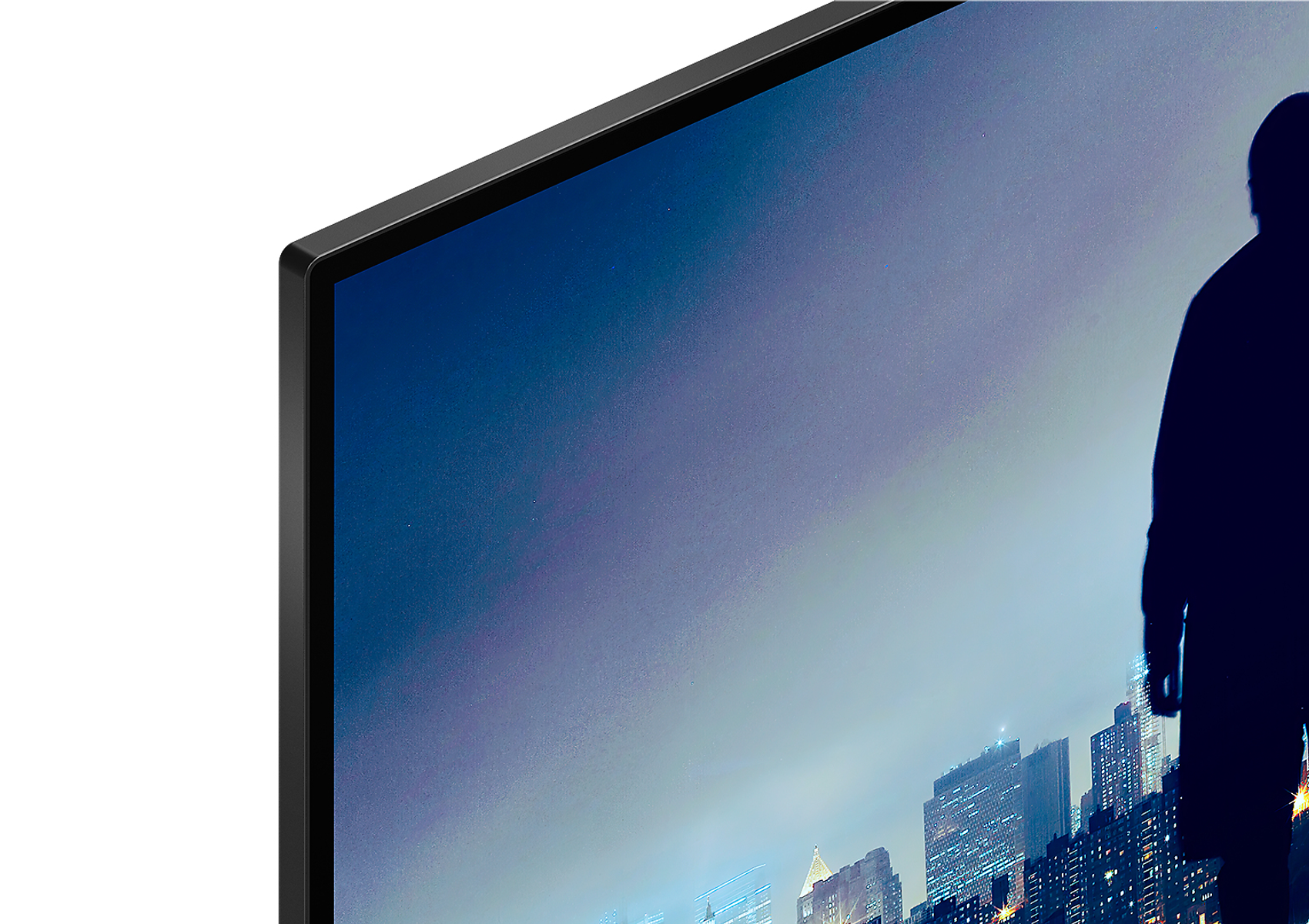Primer plano de una pantalla de TV. La pantalla muestra un horizonte de la ciudad y un fondo oscuro.