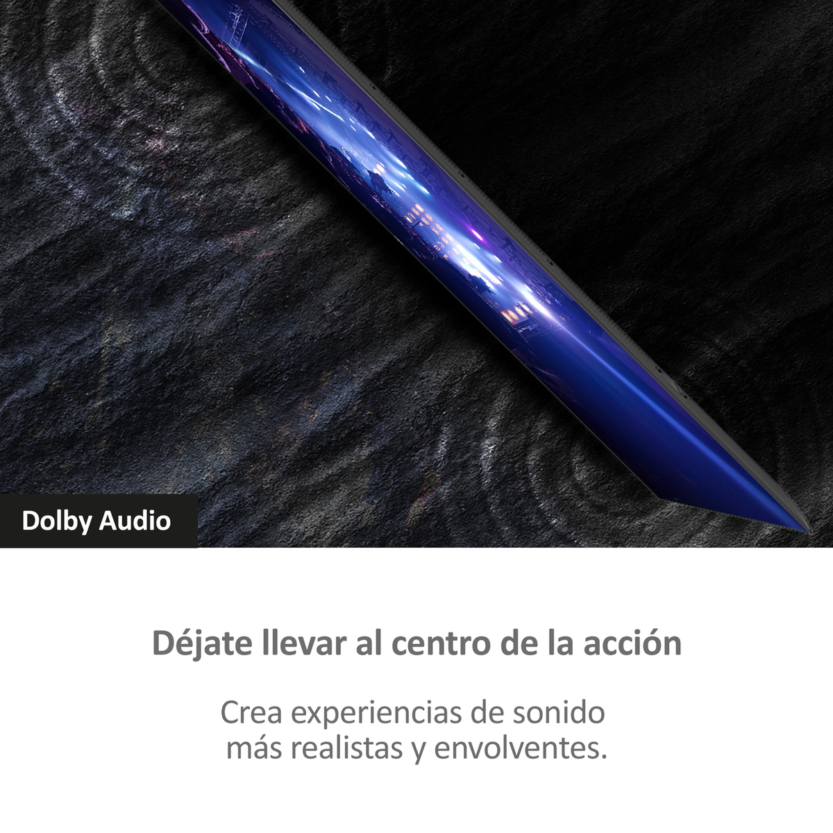 Objeto metálico curvo azul, con un fondo oscuro y texturizado y texto.