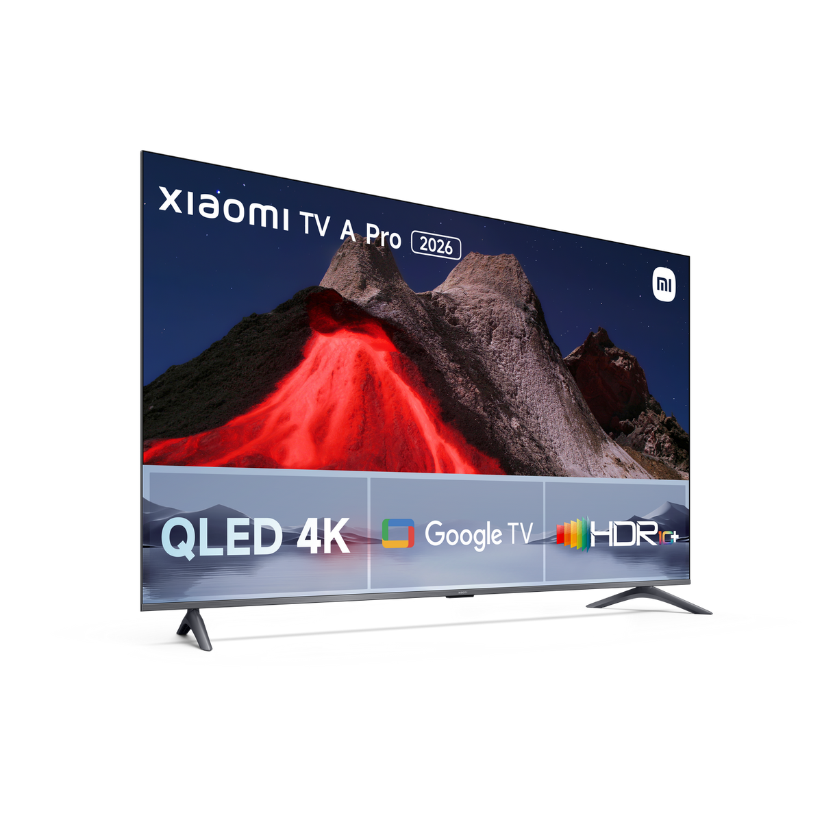 Ekran telewizora wyświetla scenę górską z wulkanem w kolorze czerwonym. Ma QLED 4K i Google TV.