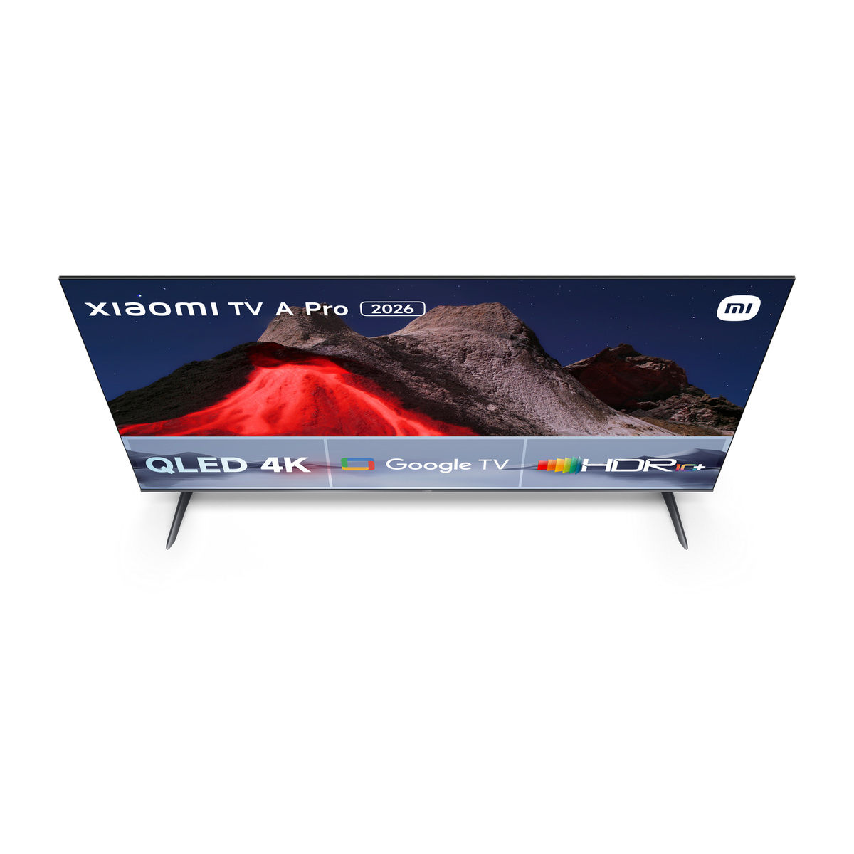 Ekran telewizora z napisami XIAOMI TV A Pro 2026 i Google TV. Obraz przedstawia górę.