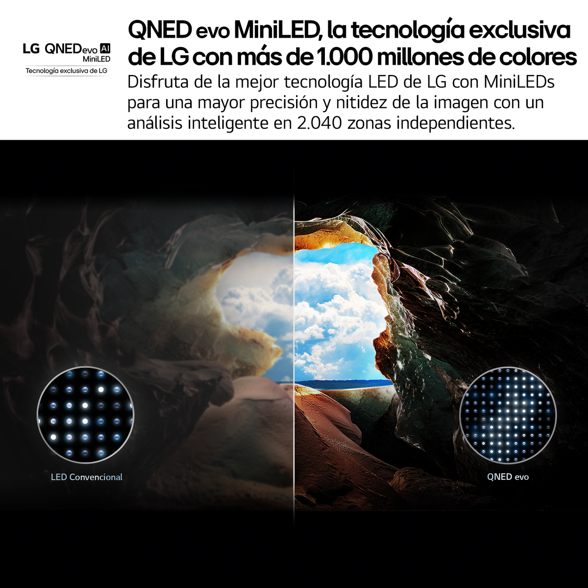 Obraz porównujący ekrany LED i QNED evo MiniLED, z tekstem: QNED evo MiniLED.
