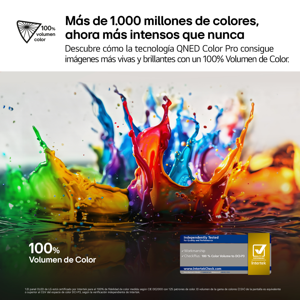 Kolorowy plusk wody. Tekst: 100% objętości kolorów. Technologia QNED Color Pro. Certyfikat Intertek.