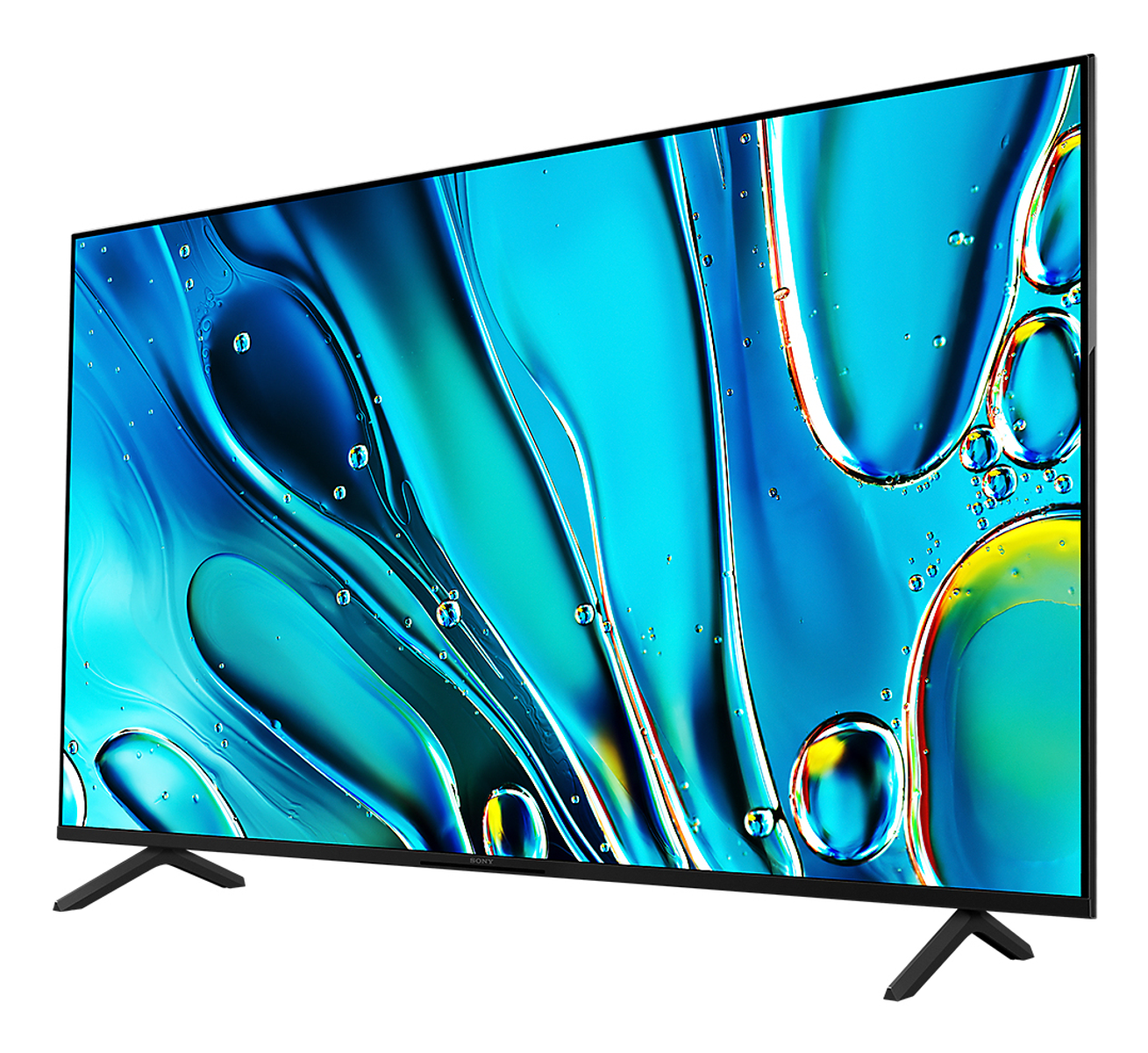 Grande TV a schermo piatto che mostra arte astratta blu e gialla. Cornice nera, gambe nere.