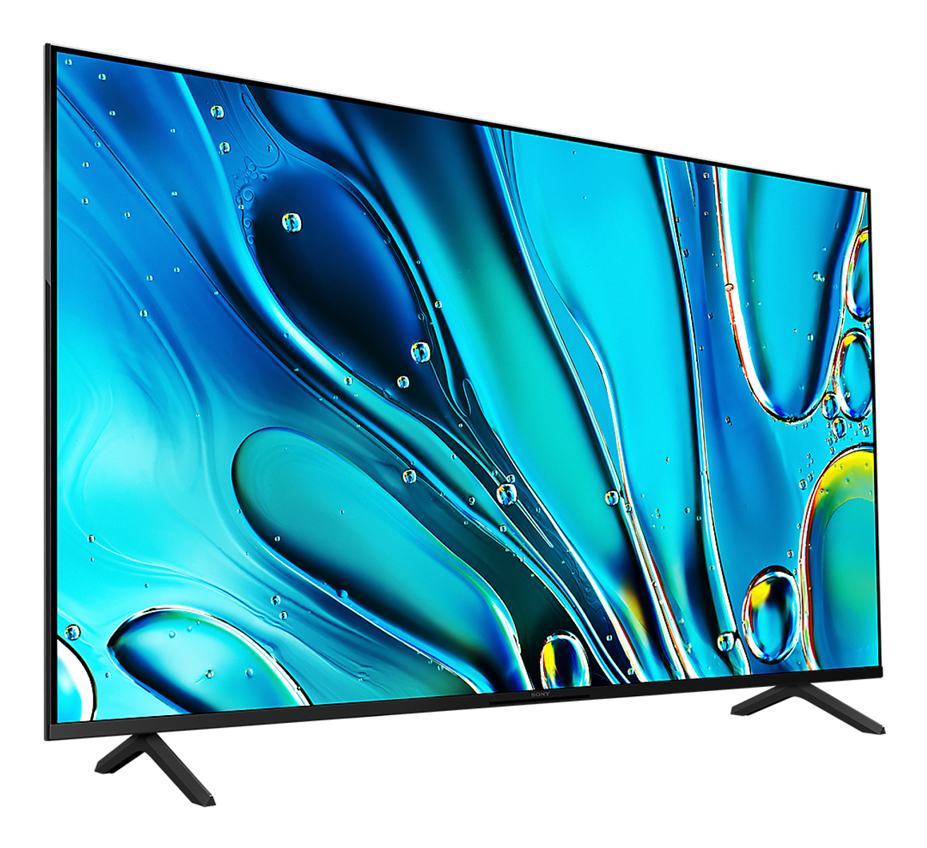 TV Hisense, vista angolata, mostra immagine astratta vibrante con acqua e bolle.