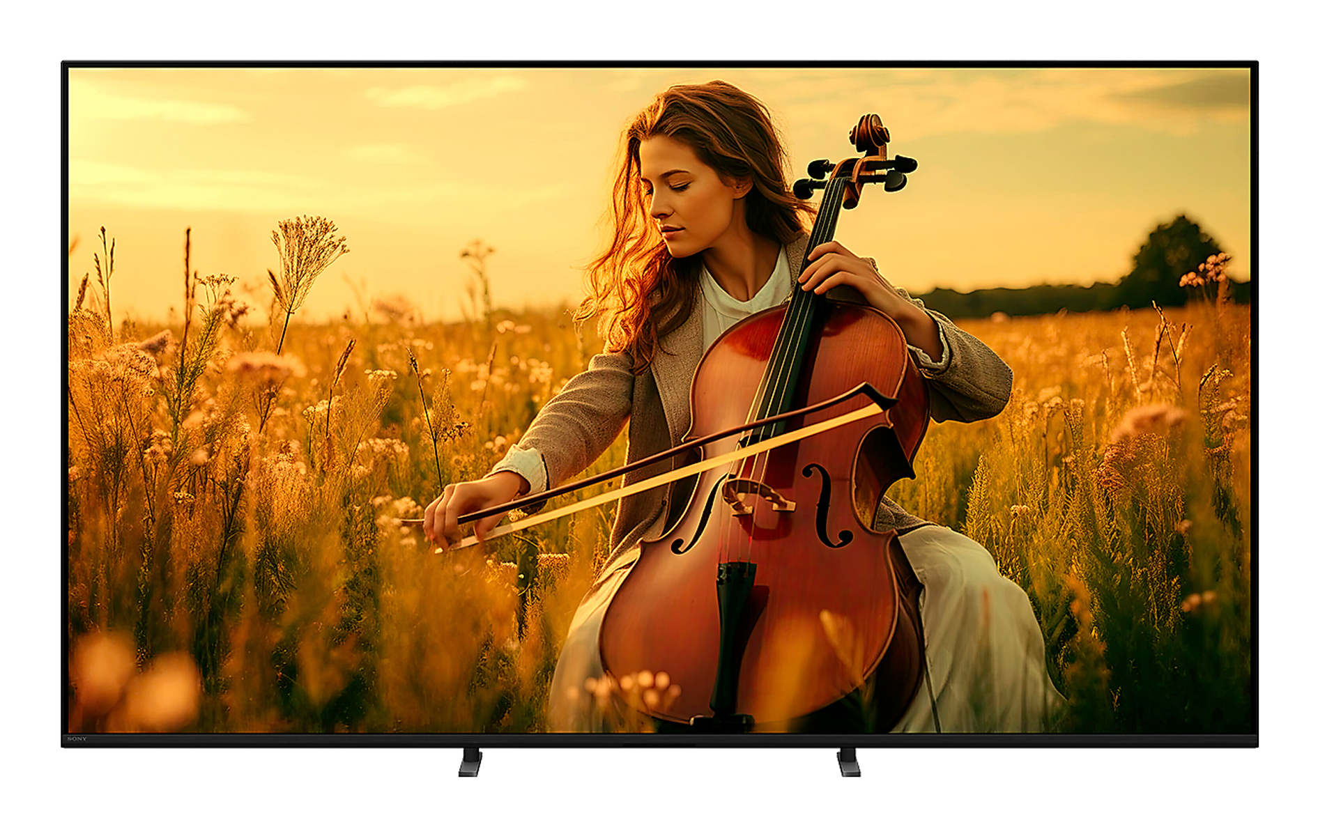 Eine Frau spielt Cello in einem Feld. Die Szene spielt vor einem Sonnenuntergang. Der Fernseher ist in der Szene.