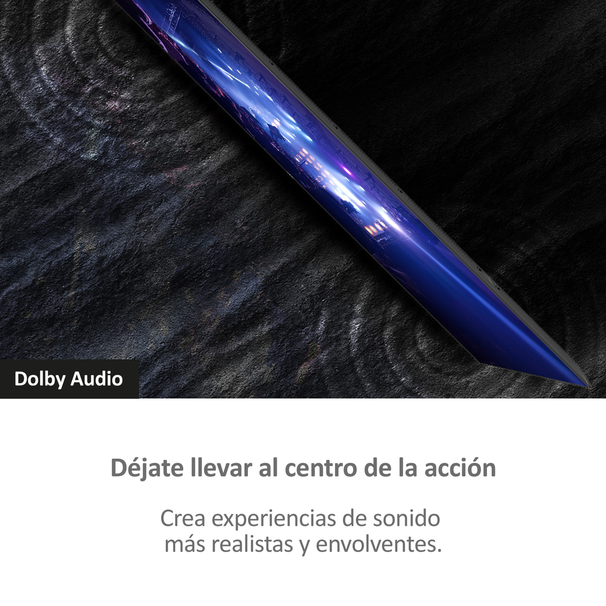 Głośnik z zakrzywioną, odbijającą powierzchnią, z nakładką tekstową.