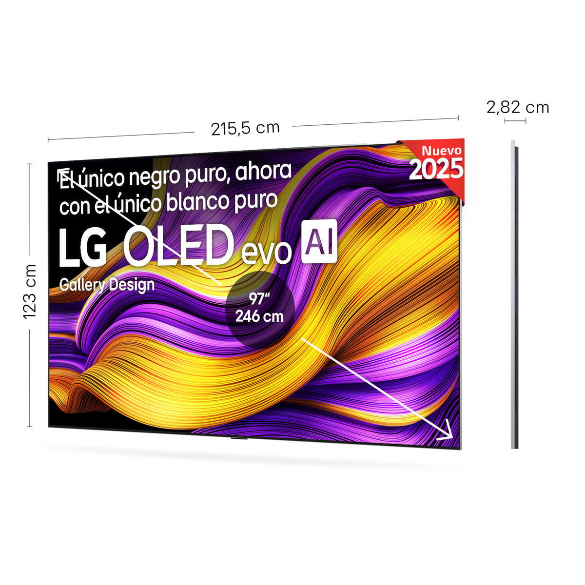 Großer LG OLED evo AI-Fernseher mit Beschriftung der Abmessungen. Er zeigt ein farbenfrohes, abstraktes Wirbelbild.