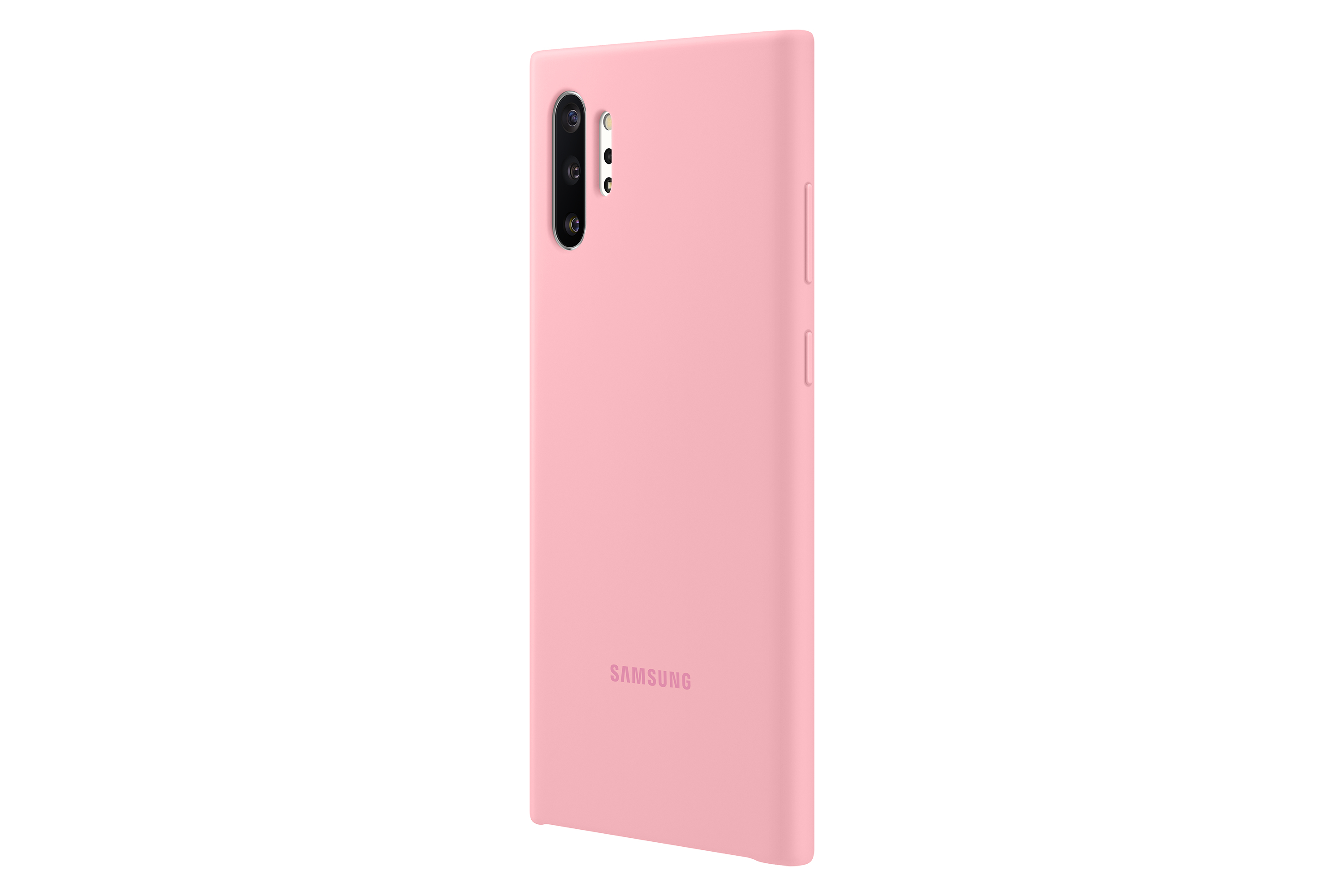 Custodia rosa per telefono Samsung, mostrando la parte posteriore con il nome del marchio.