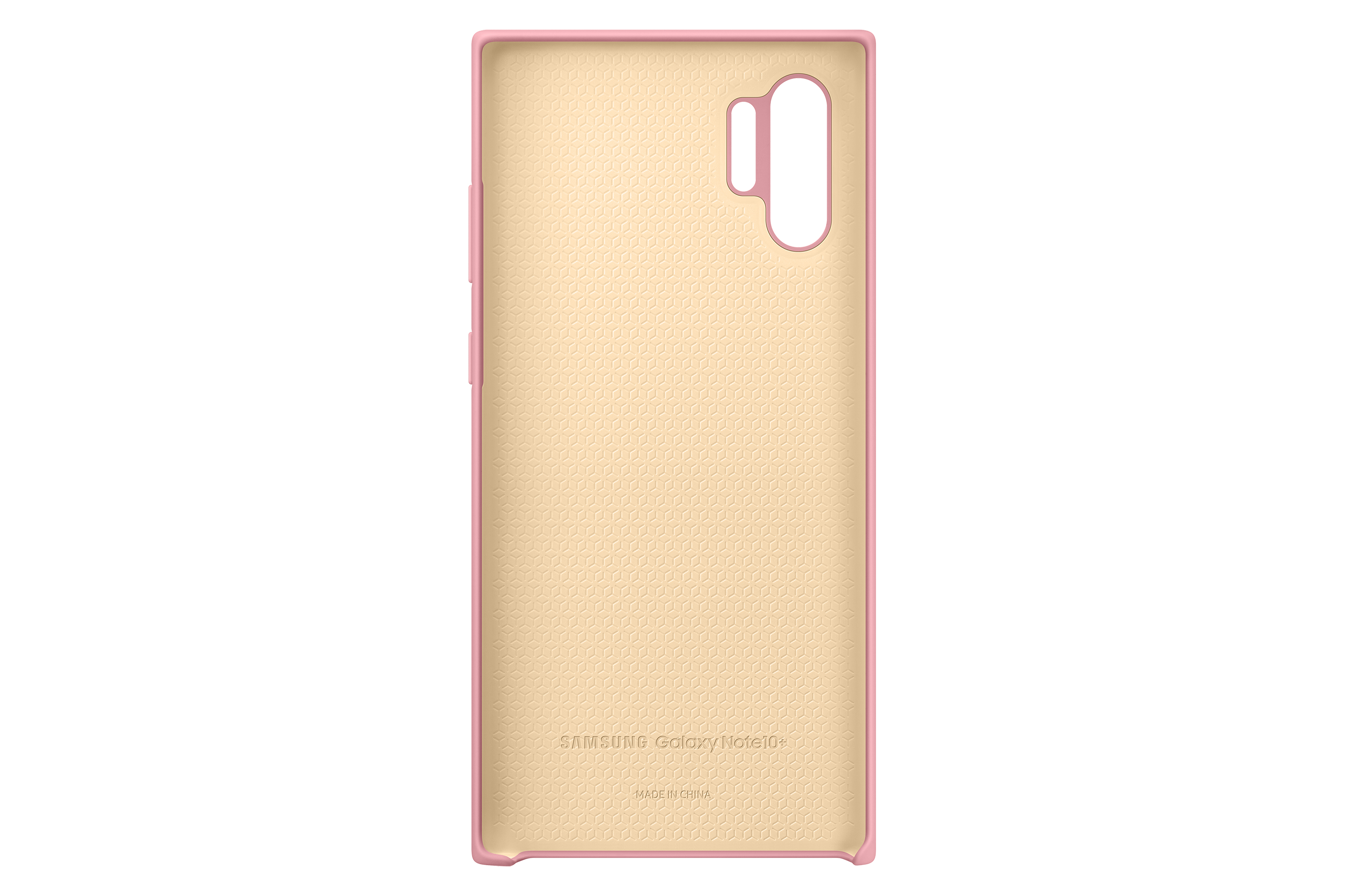 Interno custodia rosa con motivo a nido d'ape e testo Samsung Galaxy Note10.