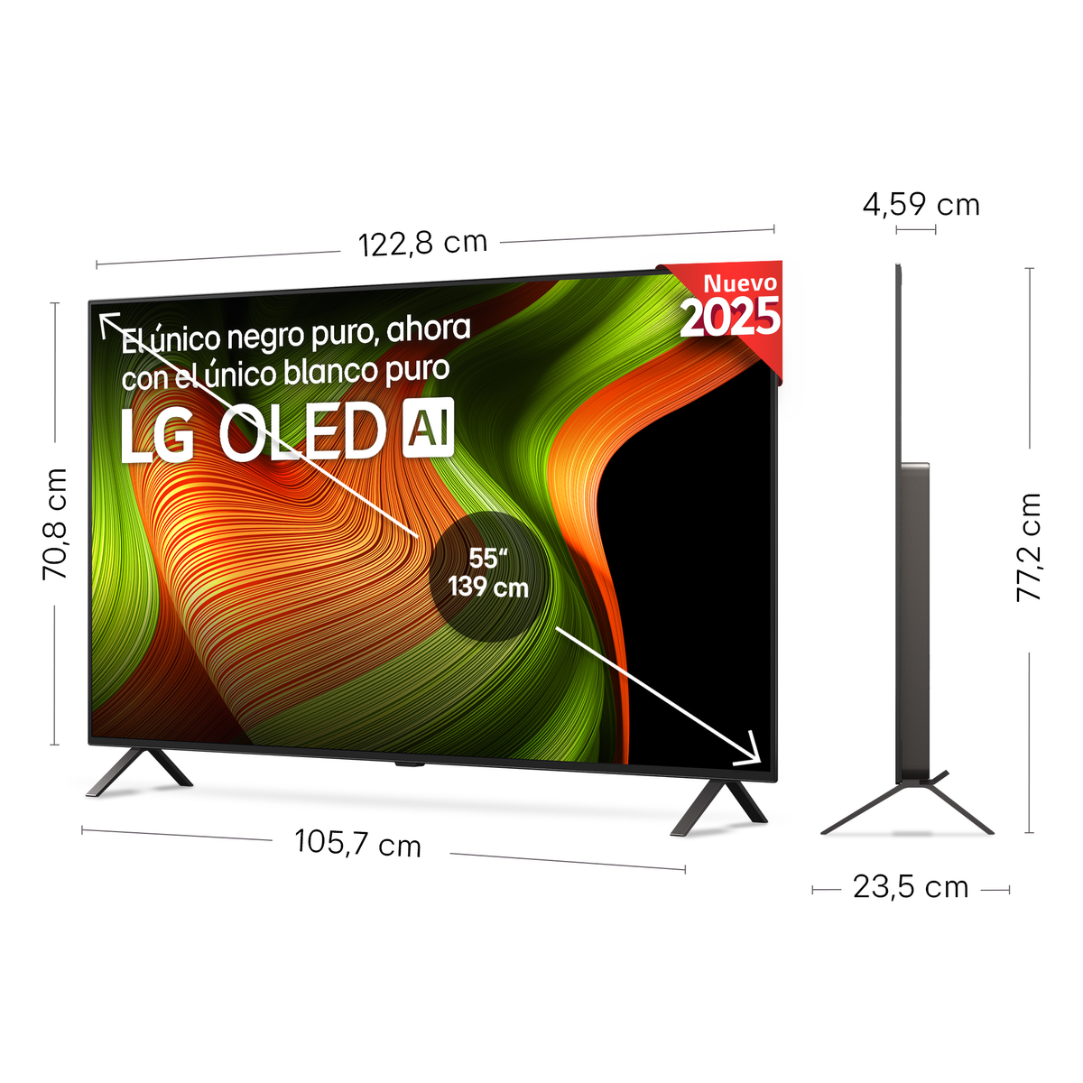 TV-Bildschirm mit farbenfrohem Design. Seitenansicht zeigt Abmessungen und einen 2025-Aufkleber.