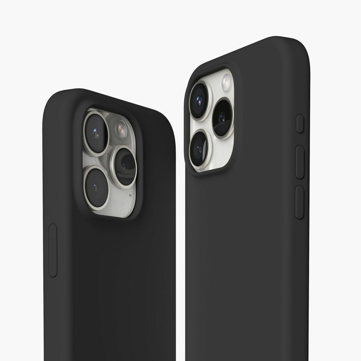 Due custodie nere per telefono su sfondo bianco. Ogni custodia ha un ritaglio per la fotocamera.
